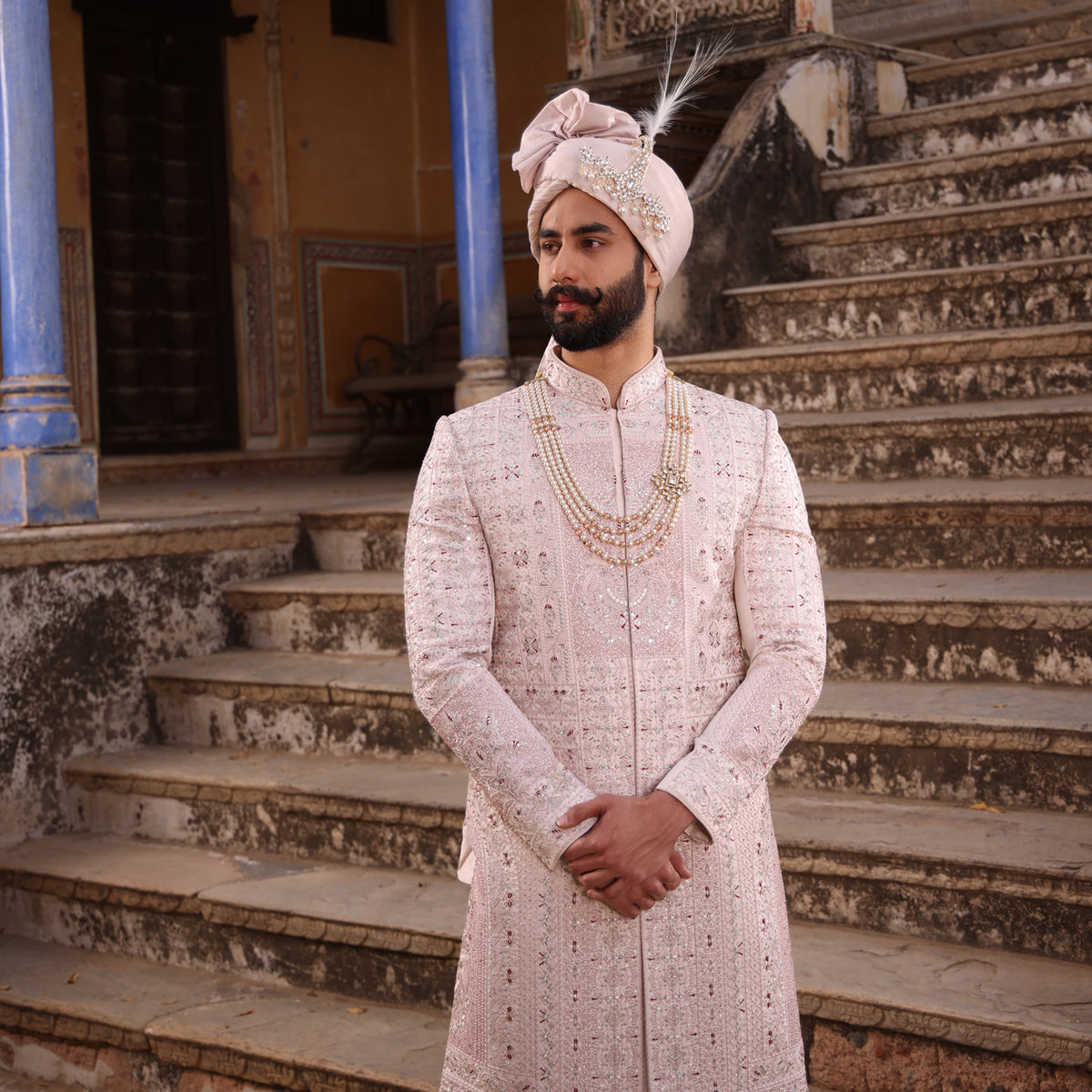LINEN SHORT SHERWANI WITH PASTEL GRAPHIC EMBROIDERY