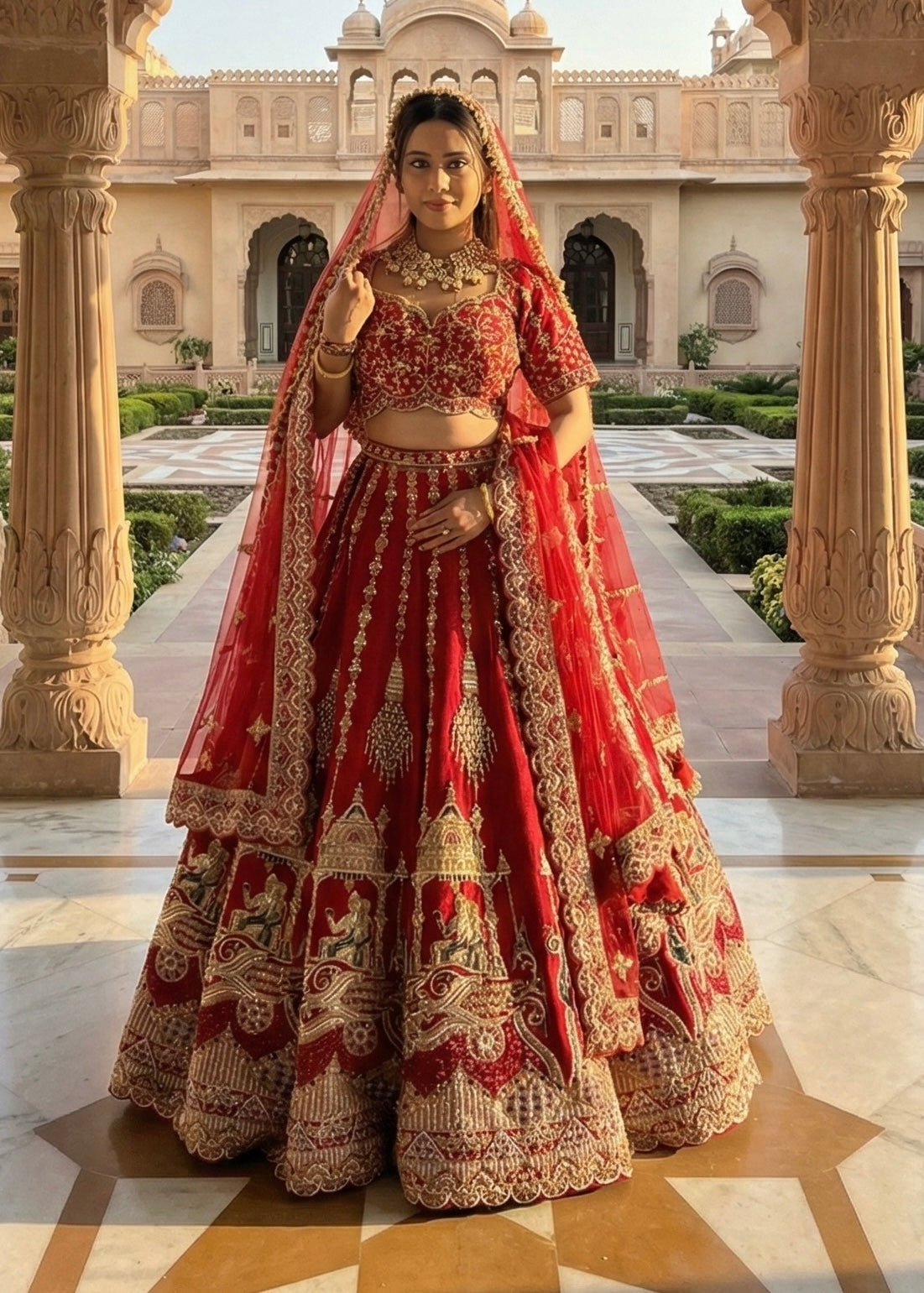 SCARLET RED RAW SILK LEHENGA