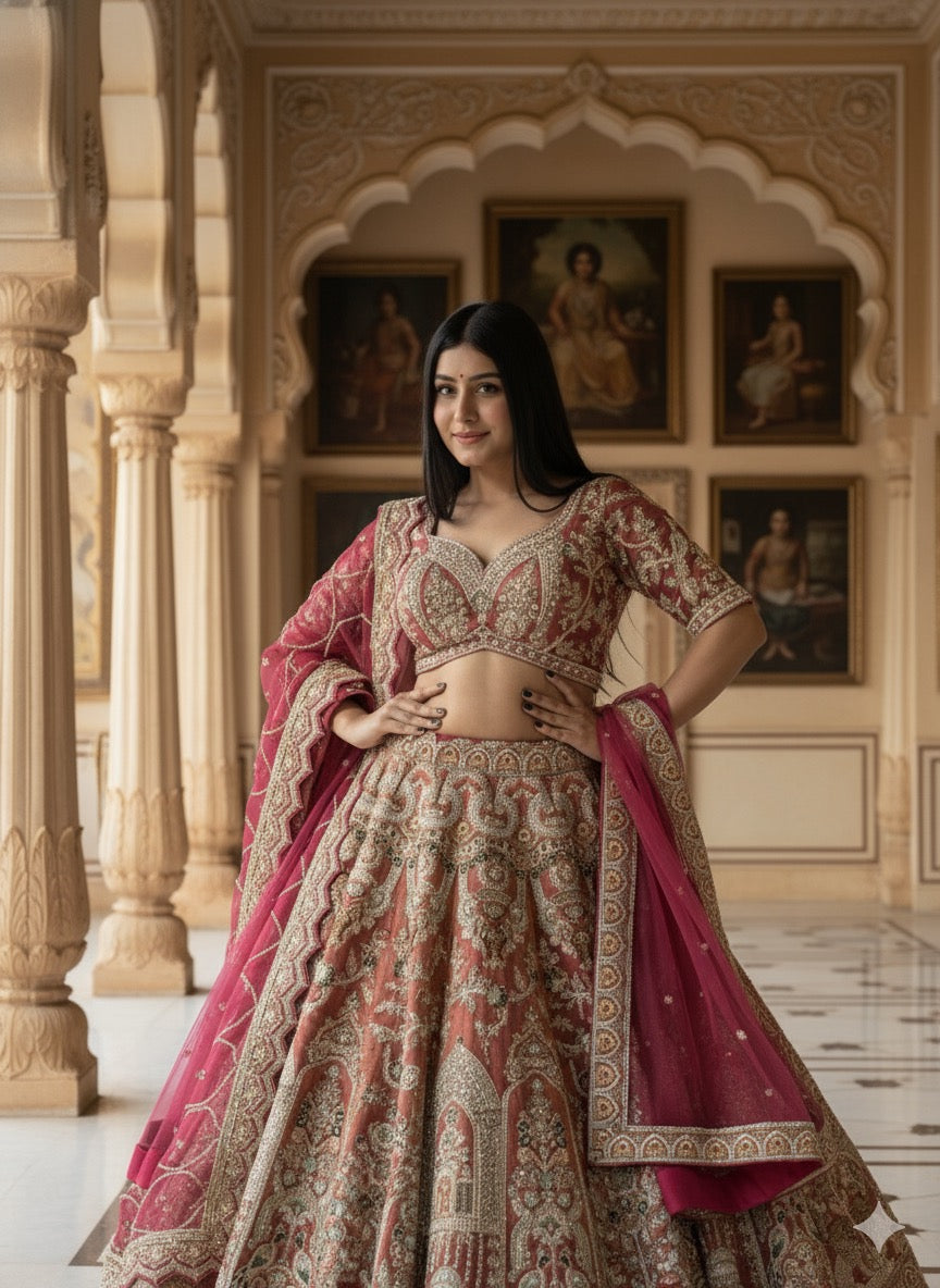 ONION PINK TISSUE EMBROIDERED LEHENGA