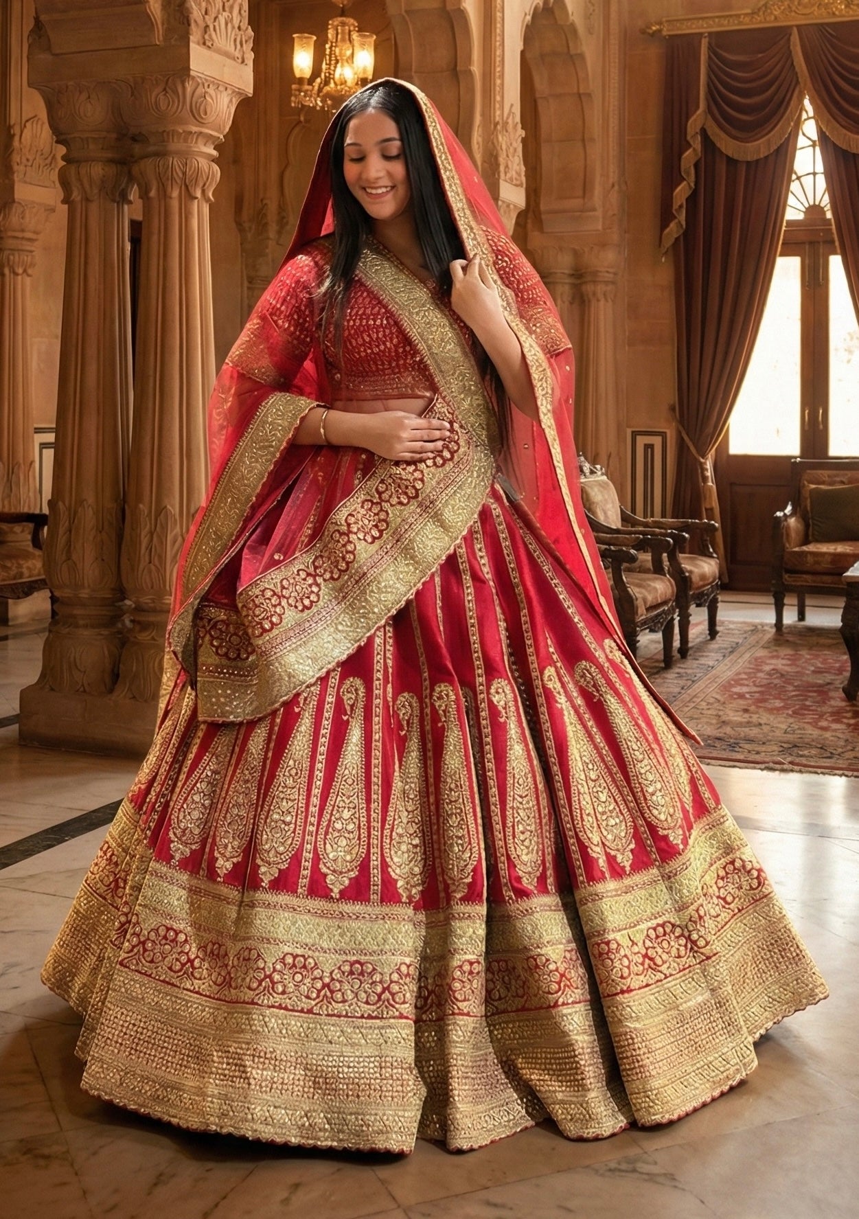 SCARLET RED RAW SILK LEHENGA