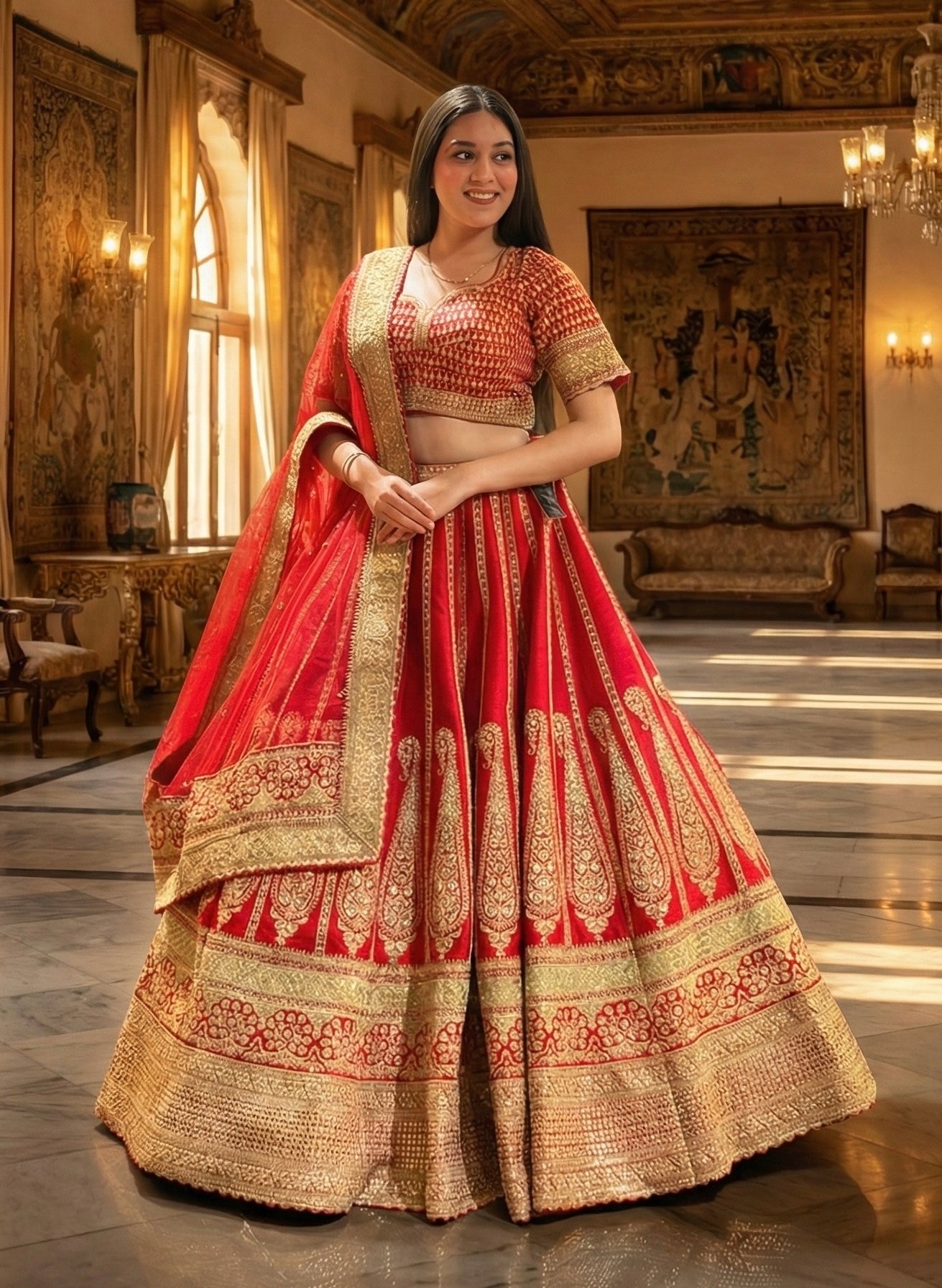 SCARLET RED RAW SILK LEHENGA