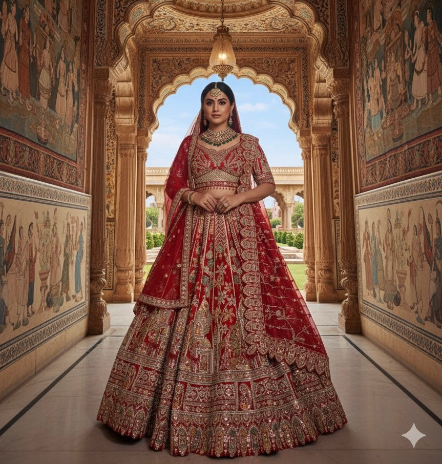 SCARLET RED RAW SILK LEHENGA