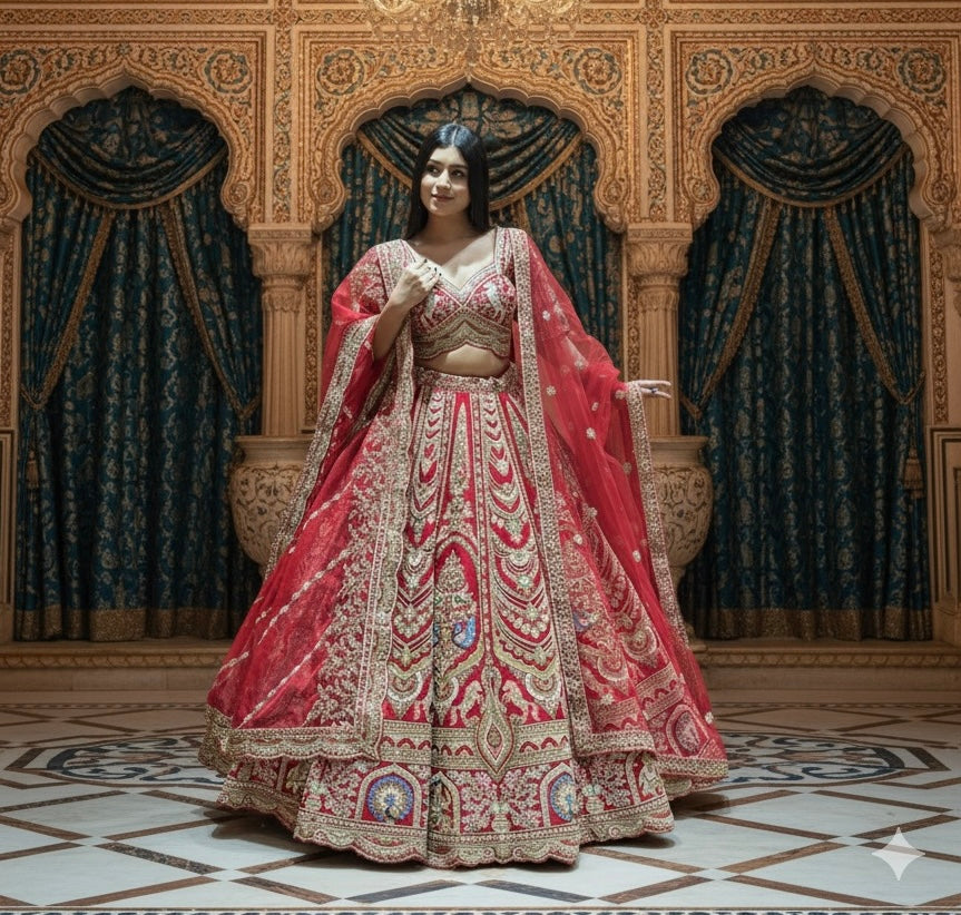 SCARLET RED RAW SILK LEHENGA