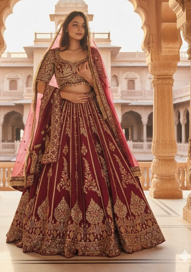 CHERRY MAROON RAW SILK LEHENGA