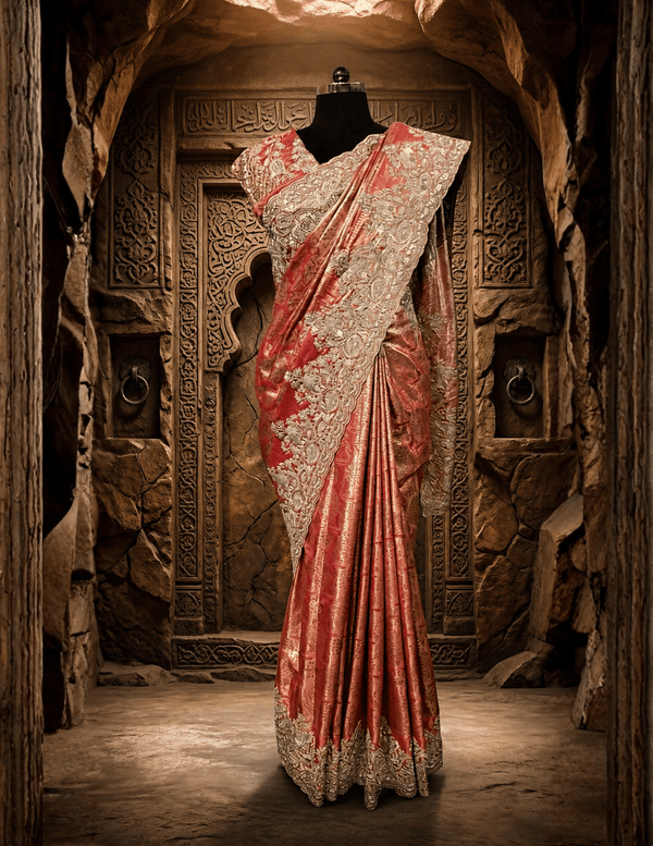 Full-length view of a model elegantly draping a shimmering