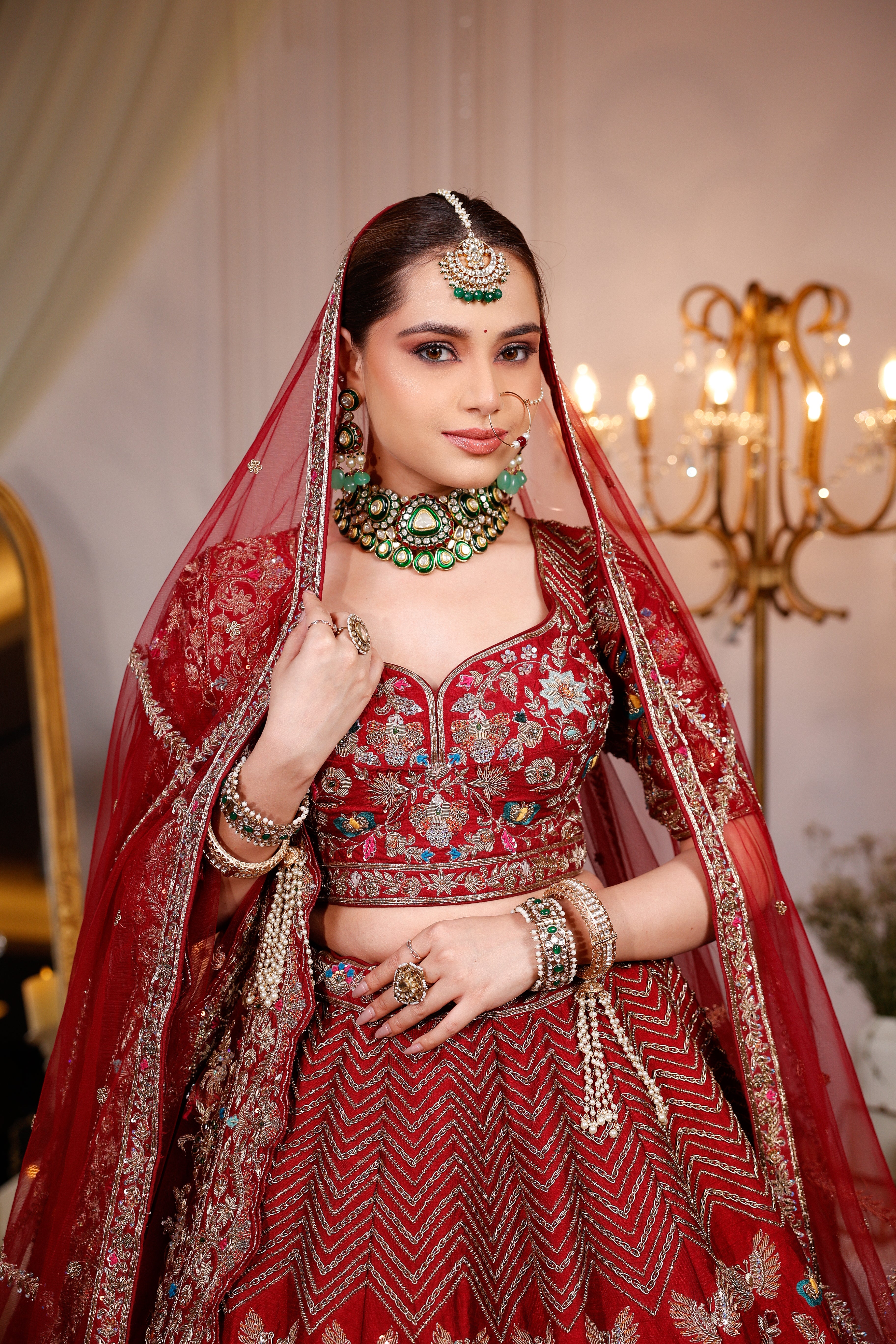 CHERRY RED RAW SILK LEHENGA