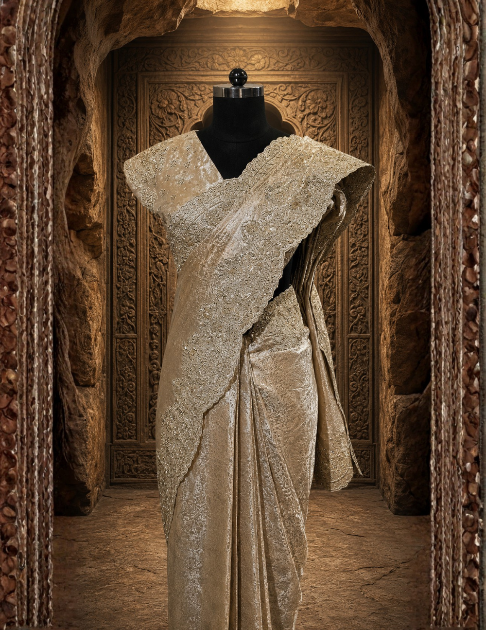 Full back profile of the draped golden saree look, highlighting its fluid pleats, rich metallic texture, and sophisticated pallu fall.