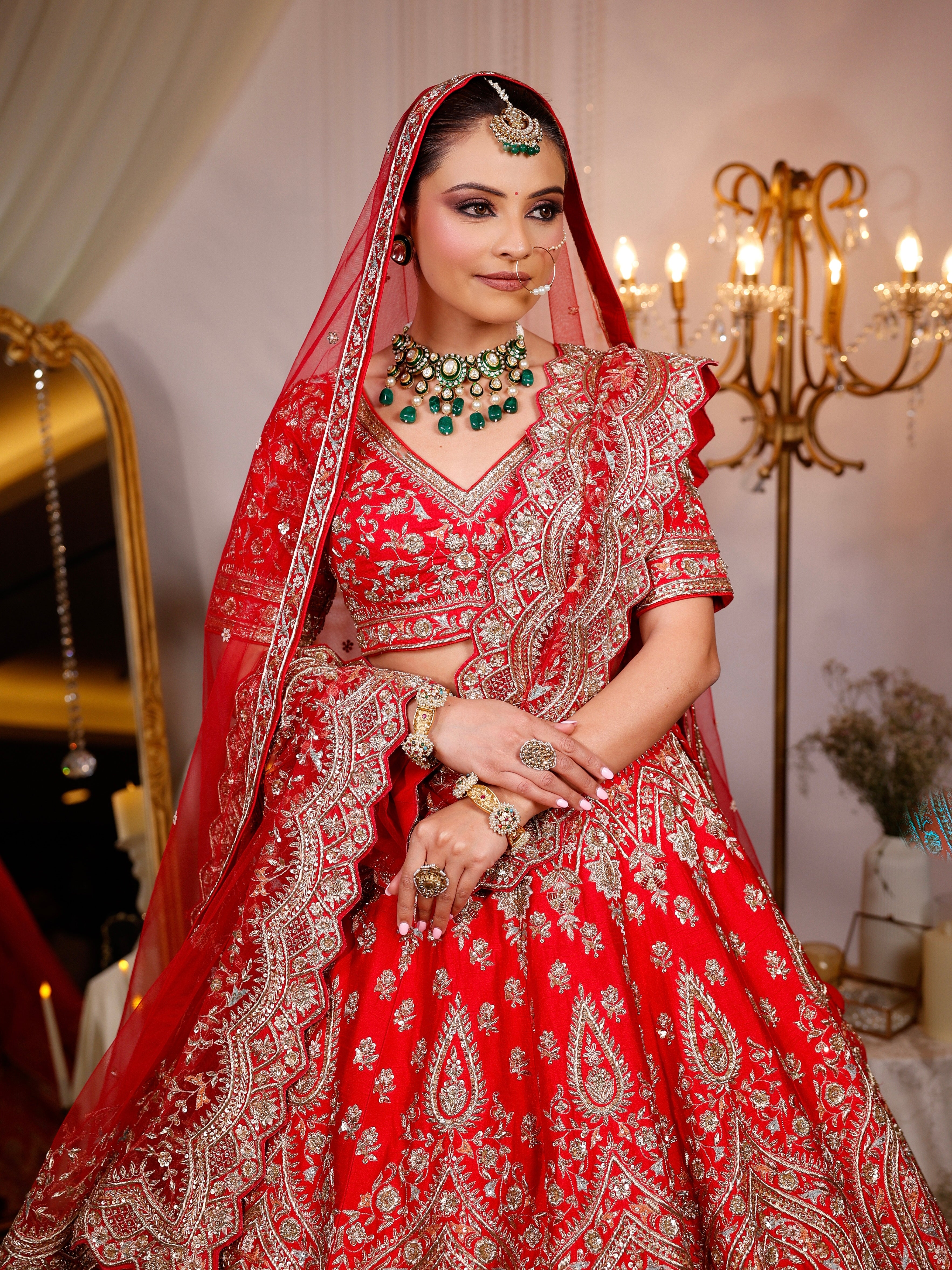 SCARLET RED RAW SILK LEHENGA