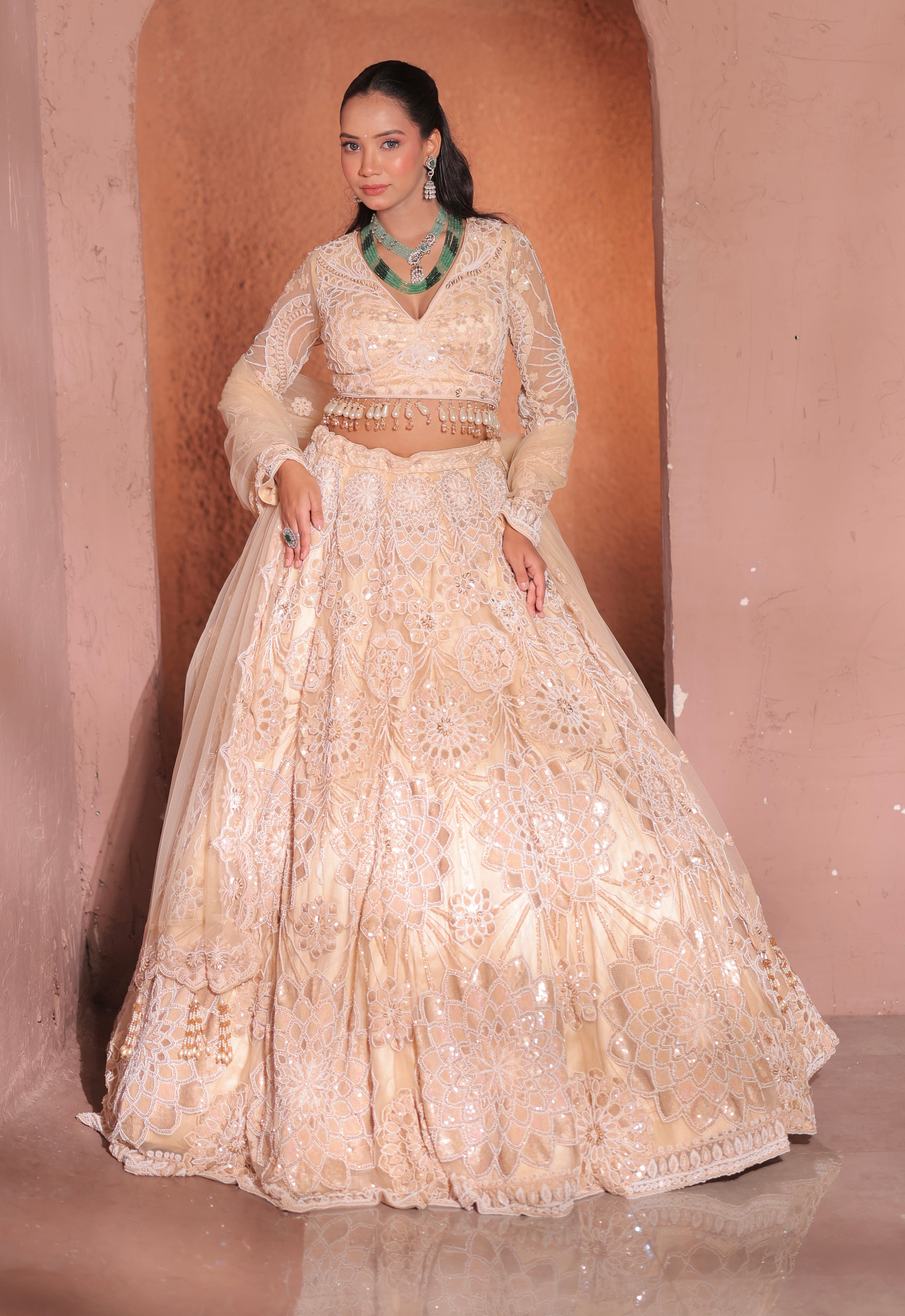 CREAM GOLD NET EMBROIDERED LEHENGA