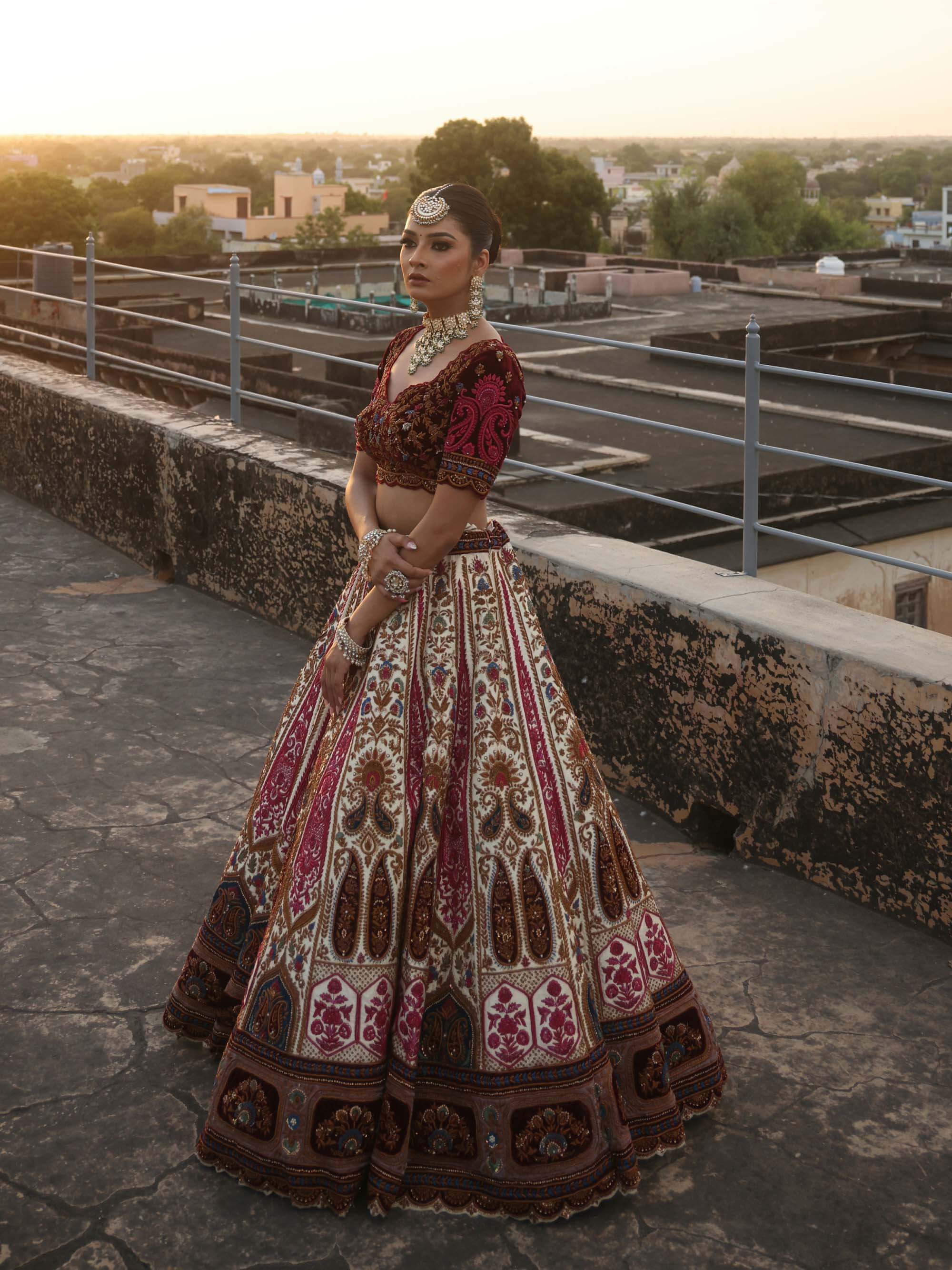 IVORY RAW SILK AND MAROON VELVET INFUSED LEHENGA