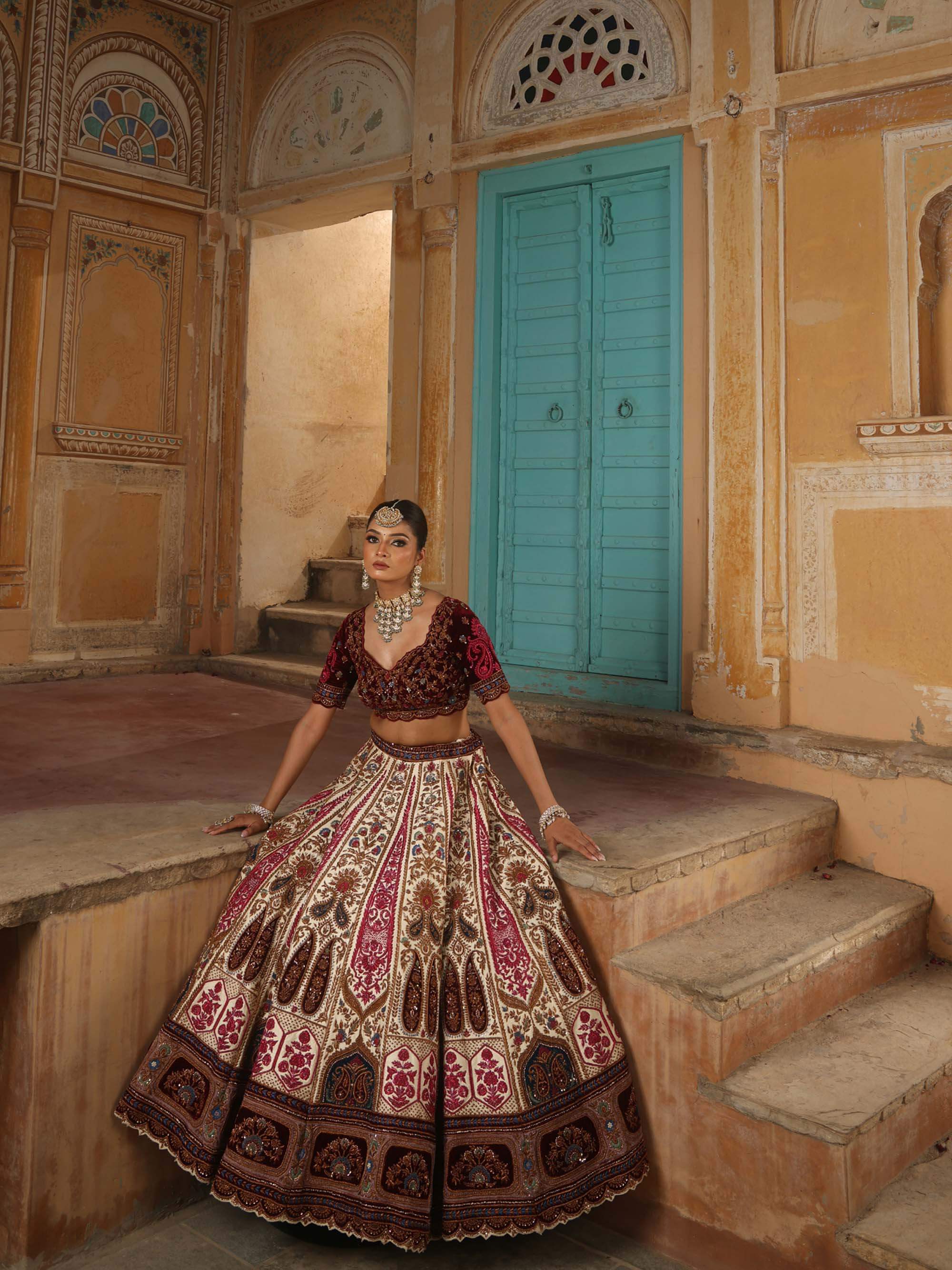 IVORY RAW SILK AND MAROON VELVET INFUSED LEHENGA