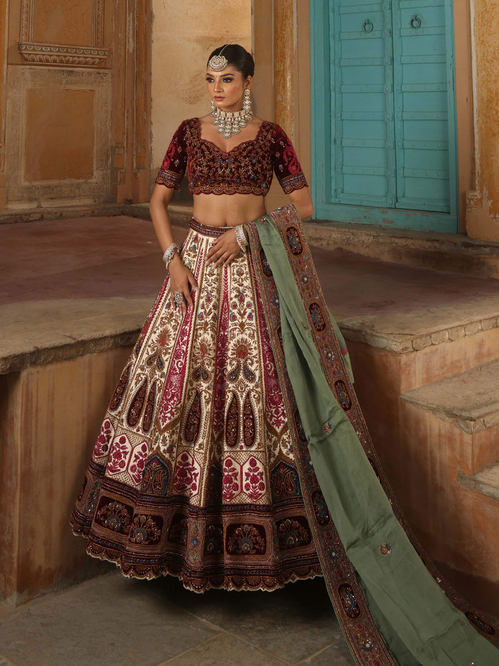 IVORY RAW SILK AND MAROON VELVET INFUSED LEHENGA