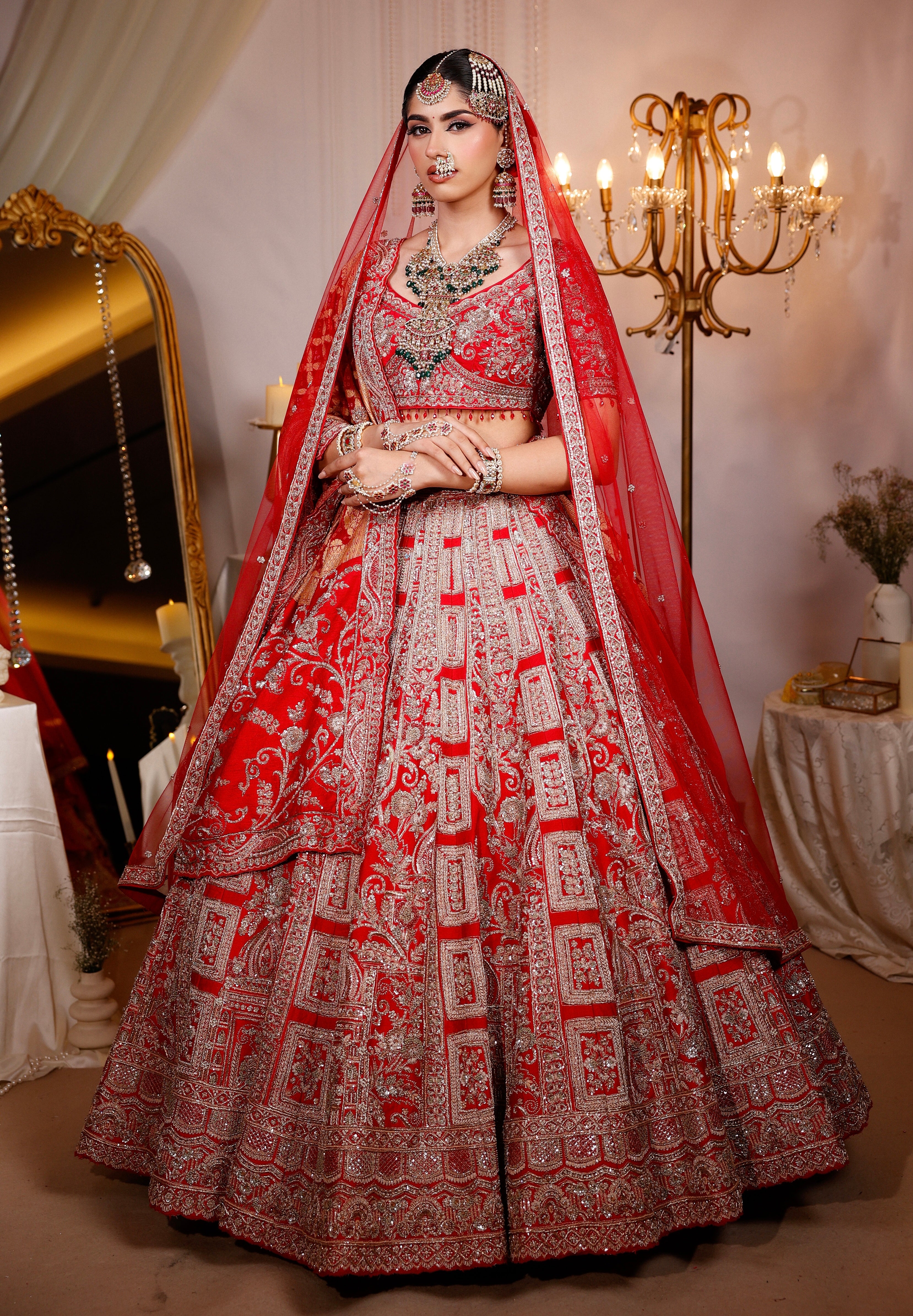 SCARLET RED RAW SILK LEHENGA