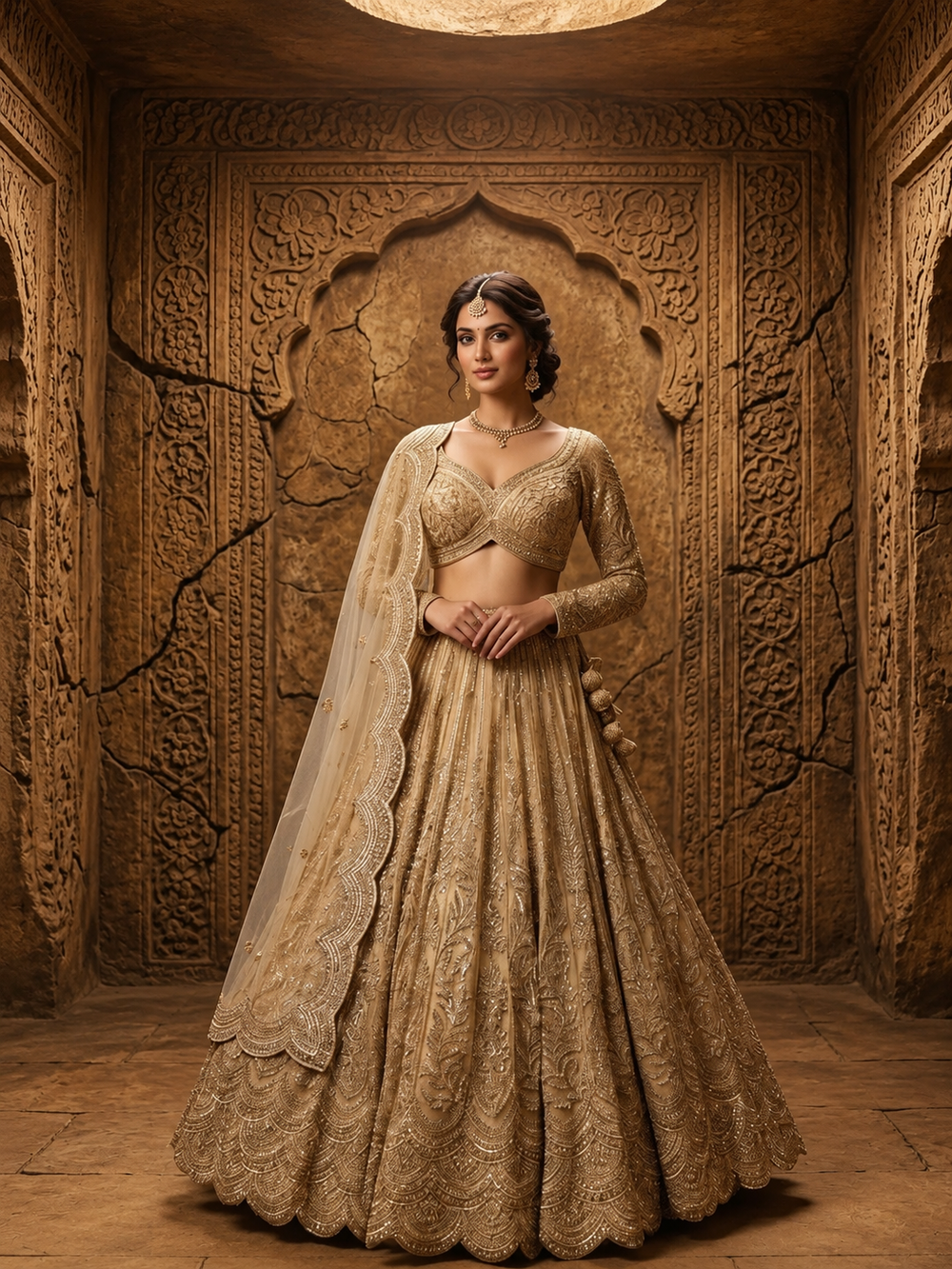 Golden Net Lehenga with Kardana, Sequence & Jarkan Work