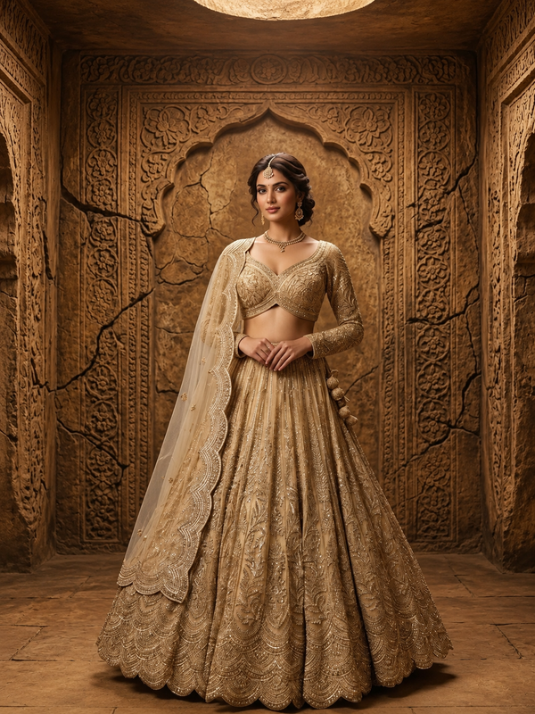 Golden Net Lehenga with Kardana, Sequence & Jarkan Work
