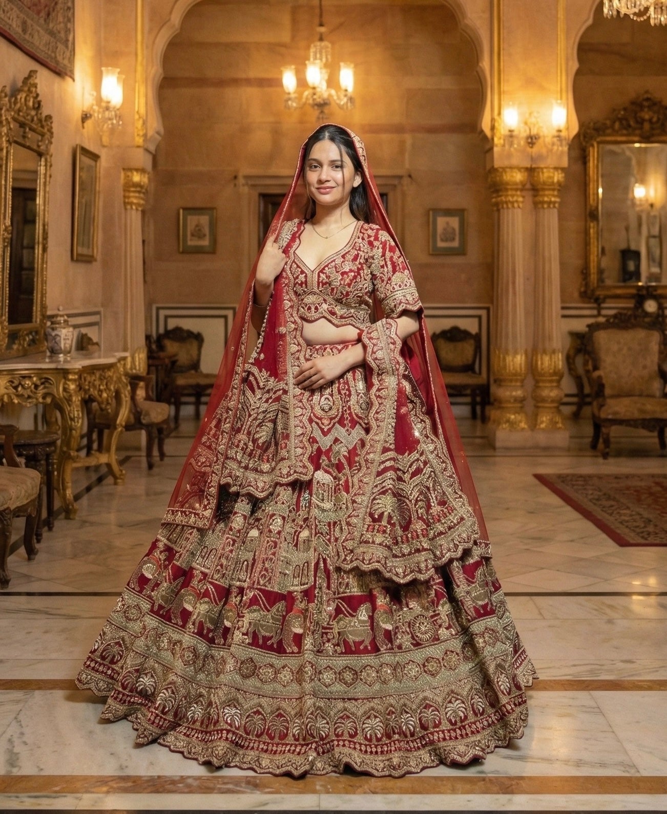 CHERRY MAROON RAW SILK LEHENGA
