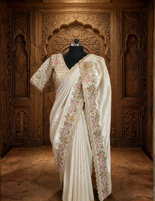 Designer Cream Silk Saree