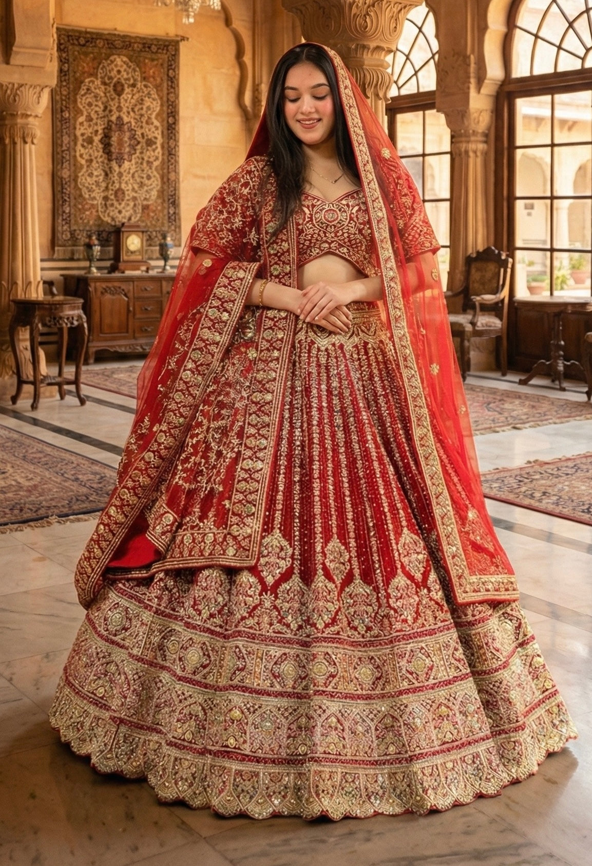 SCARLET RED RAW SILK LEHENGA