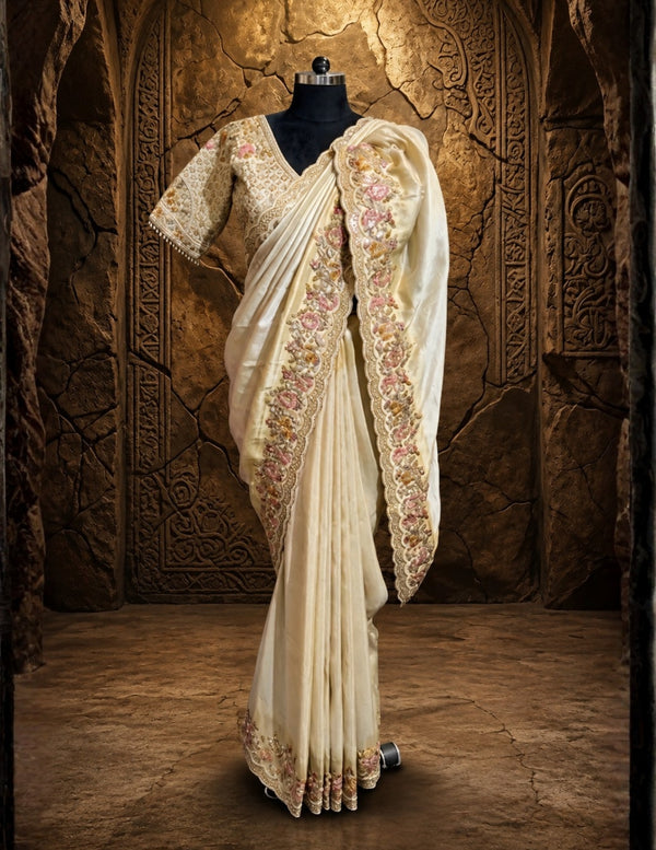 Designer Cream Silk Saree