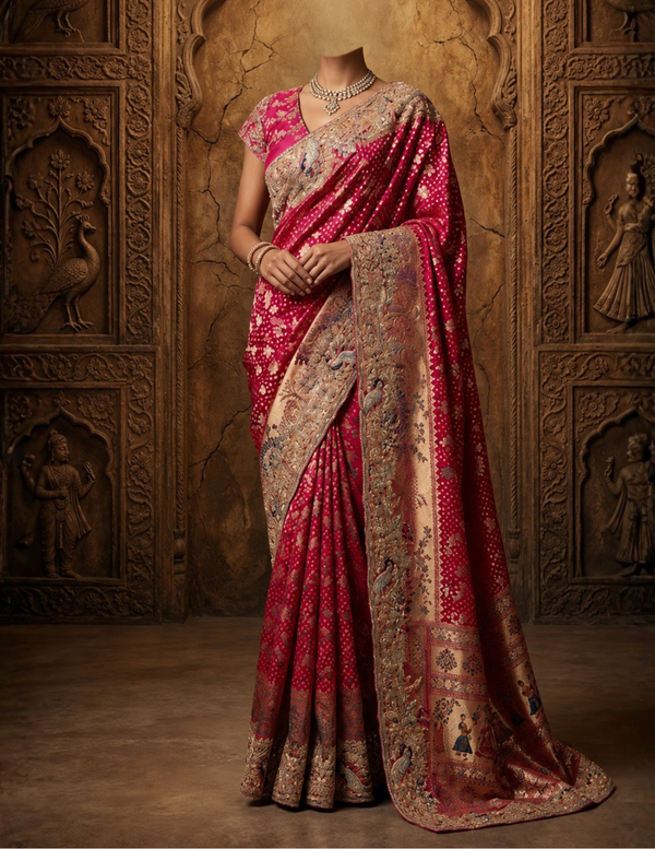 Full-length front view of a model showcasing a fluid rani pink georgette saree with traditional bandhani prints and dense gold zari borders under a crystal chandelier.