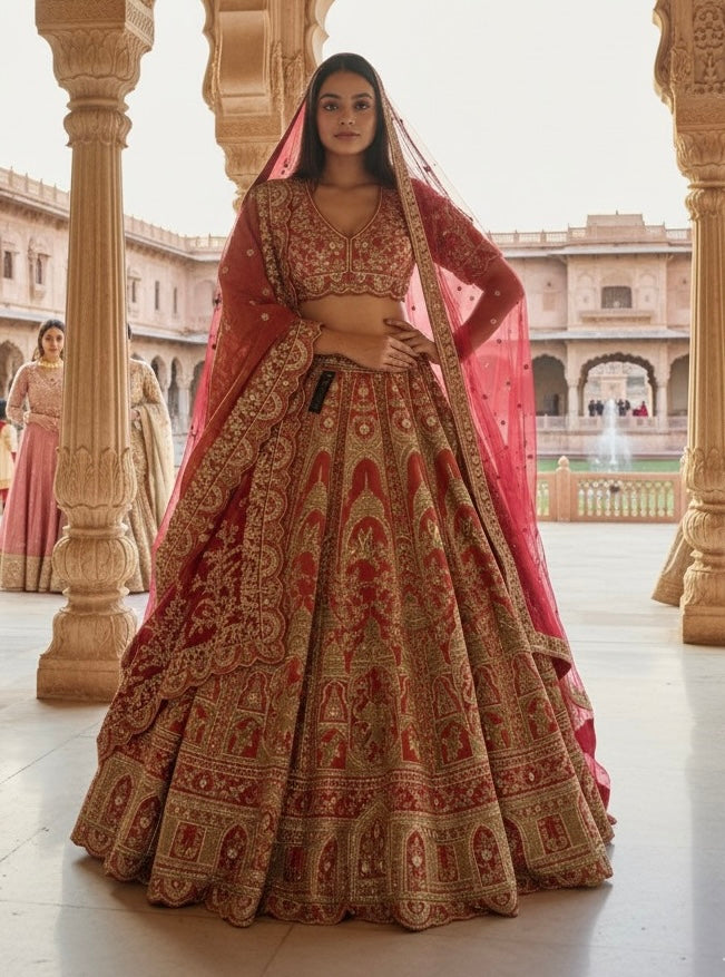 RED ORANGE TISSUE EMBROIDERED LEHENGA