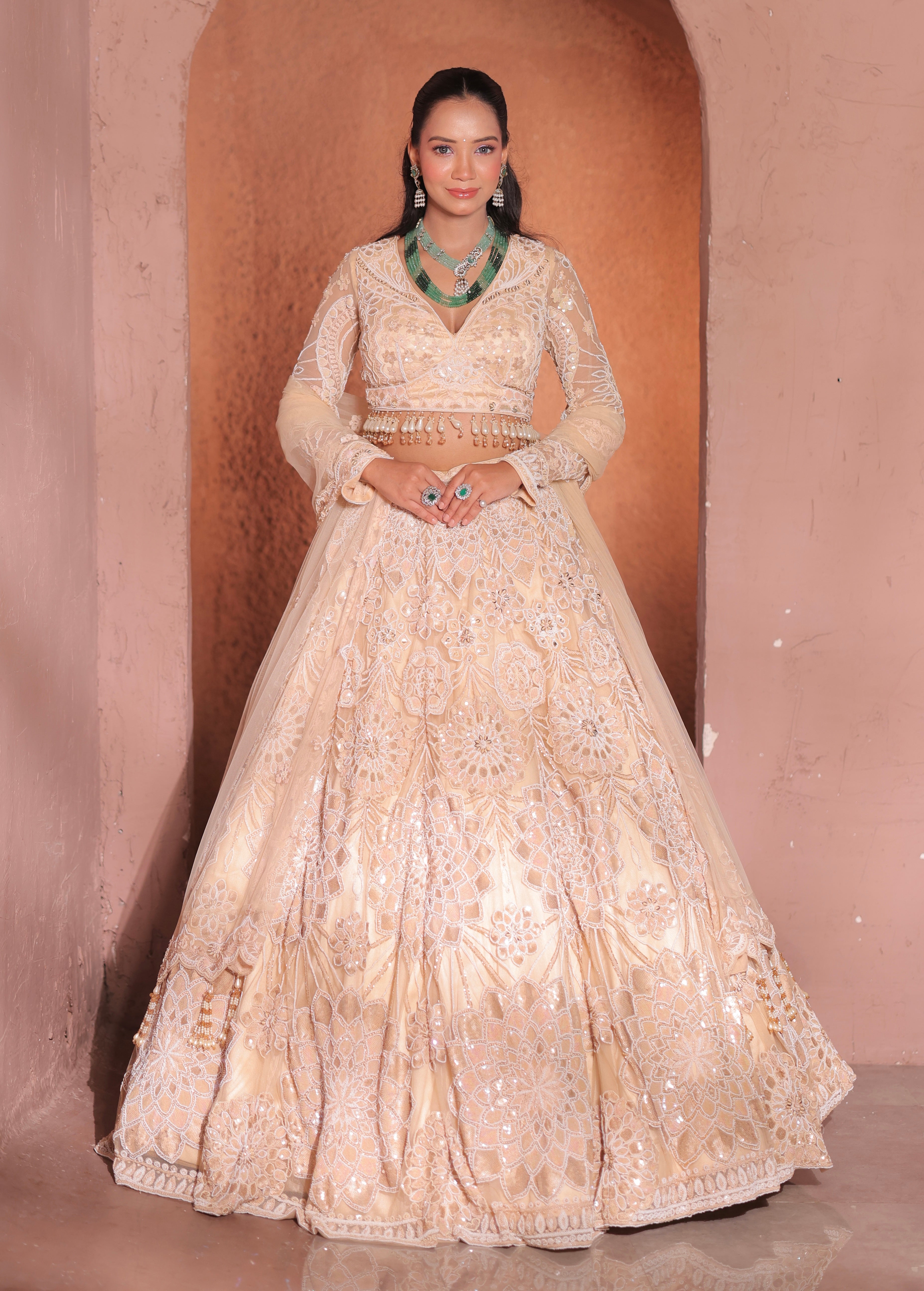CREAM GOLD NET EMBROIDERED LEHENGA