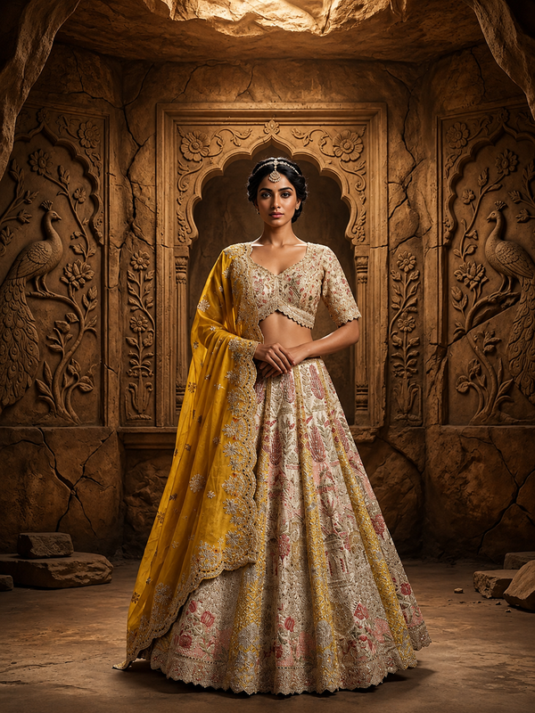 Ombré Raw Silk Lehenga with Sequence, Zari, Resham & Mirror Work