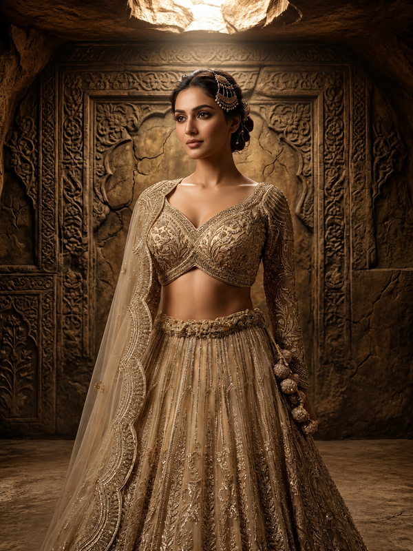 Golden Net Lehenga with Kardana, Sequence & Jarkan Work