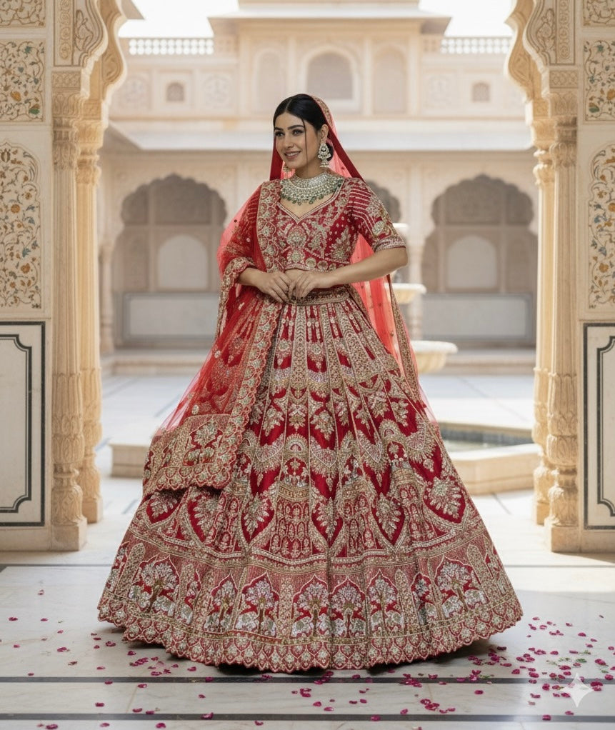 SCARLET RED RAW SILK LEHENGA