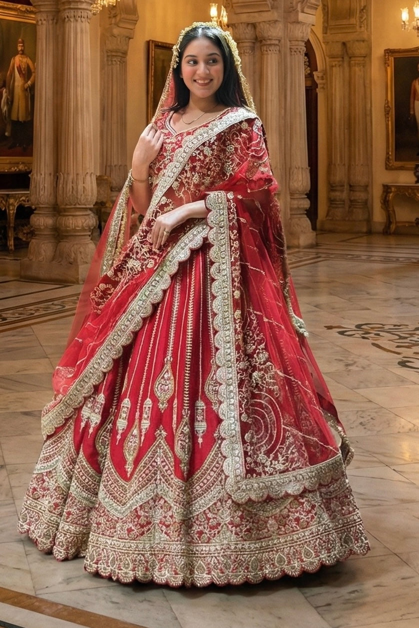 SCARLET RED RAW SILK LEHENGA