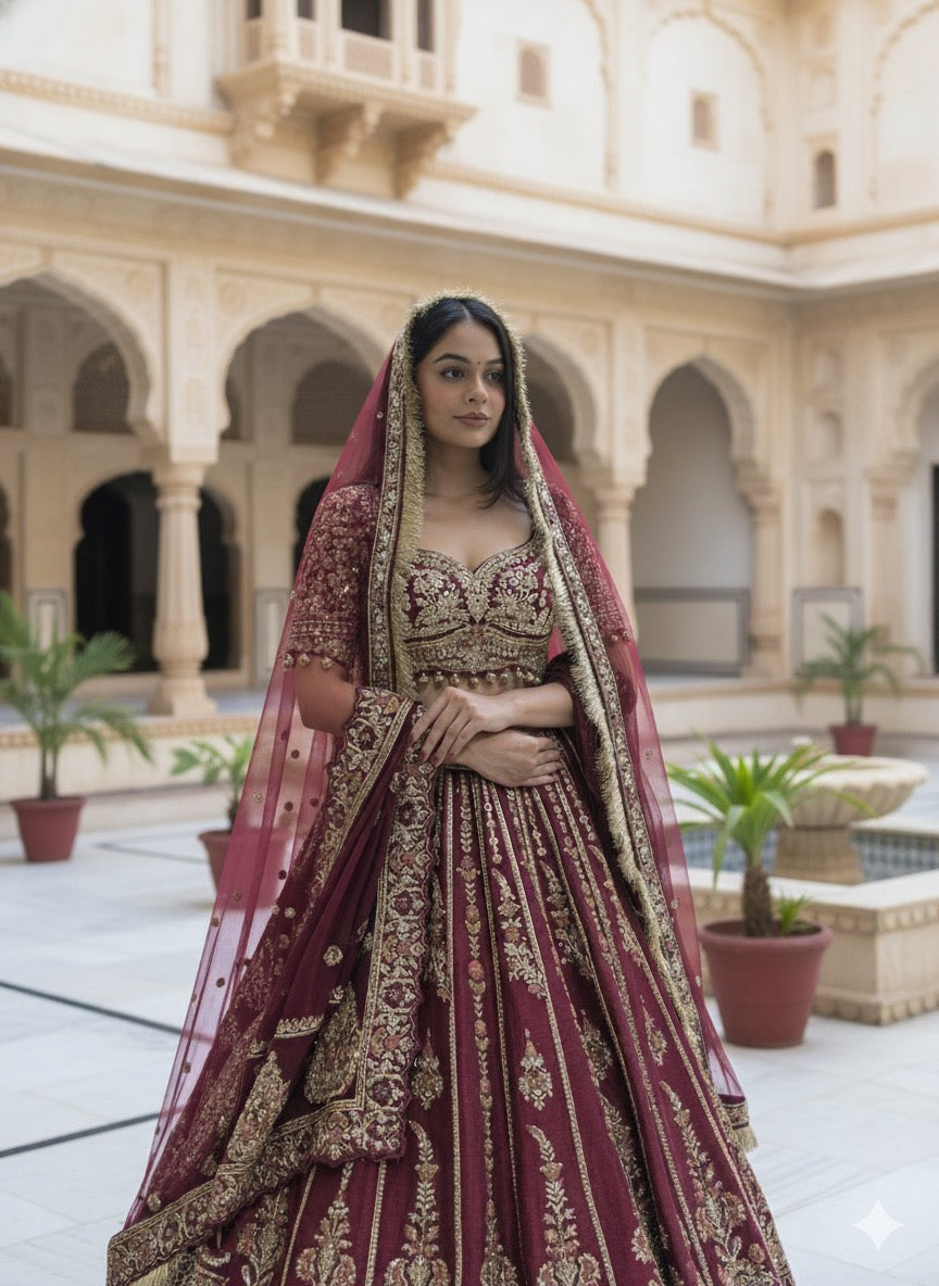 CHERRY MAROON RAW SILK LEHENGA