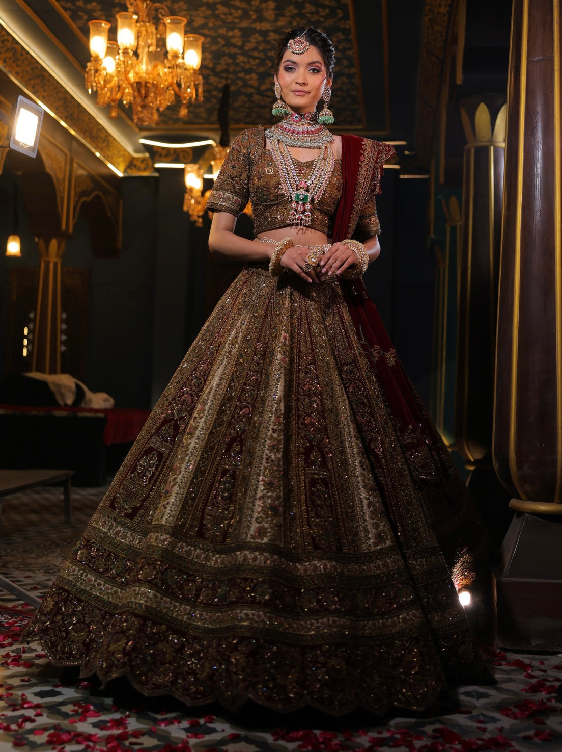 RUST IVORY AND MAROON VELVET INFUSED LEHENGA