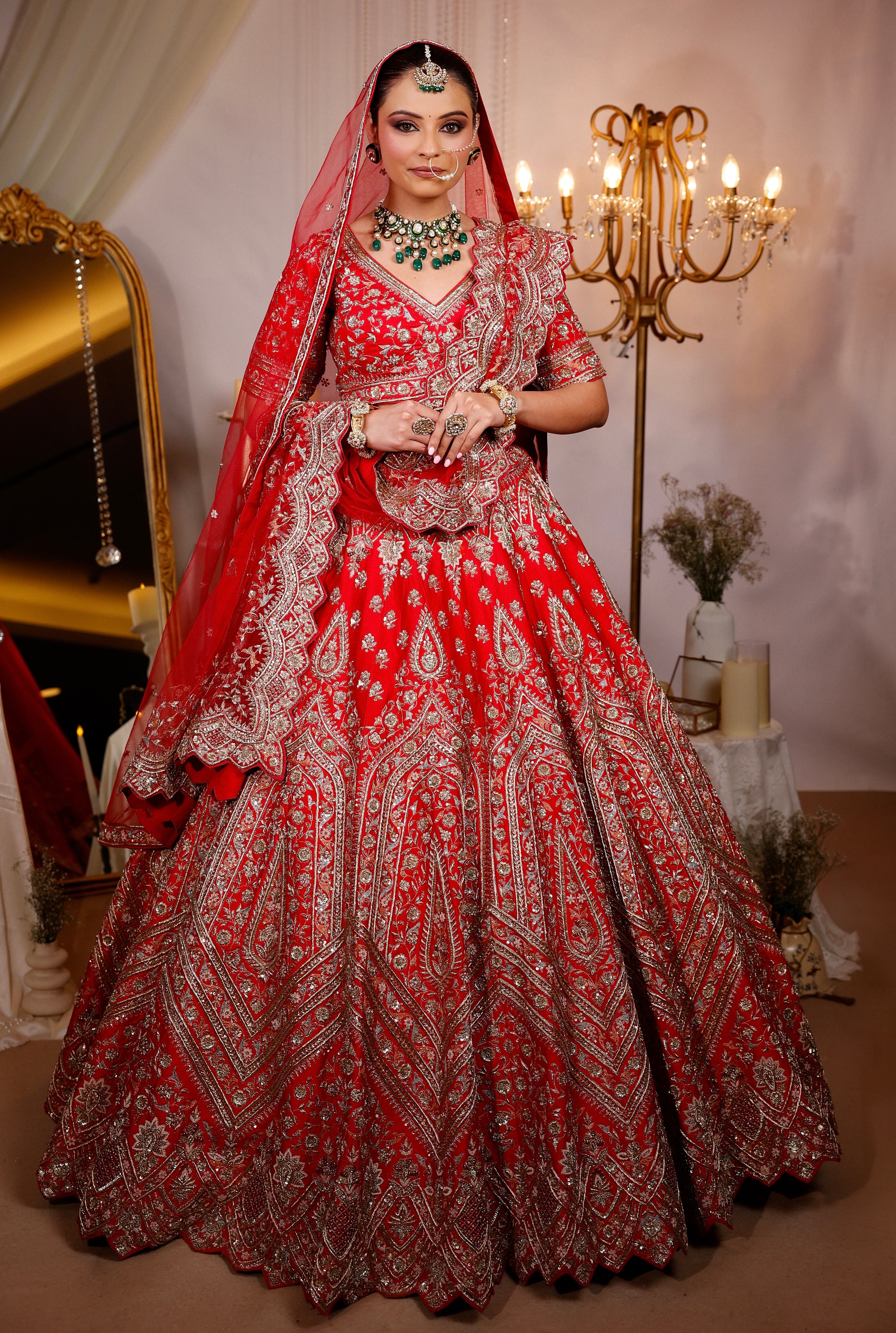 SCARLET RED RAW SILK LEHENGA