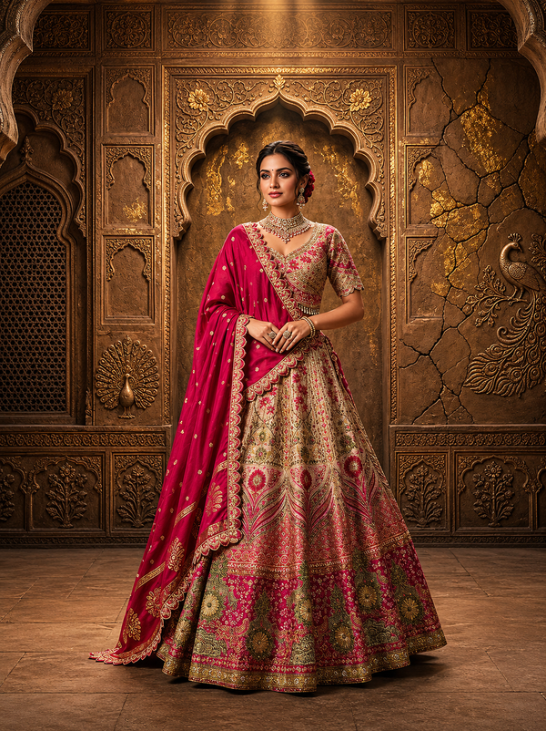 Ombré Shade Silk Lehenga with Pearl, Jarkan & Kundan Polki Work