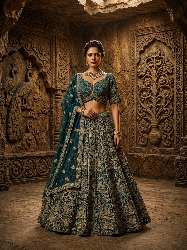 Peacock Blue Georgette Lehenga with Sequence, Zari & Resham Work
