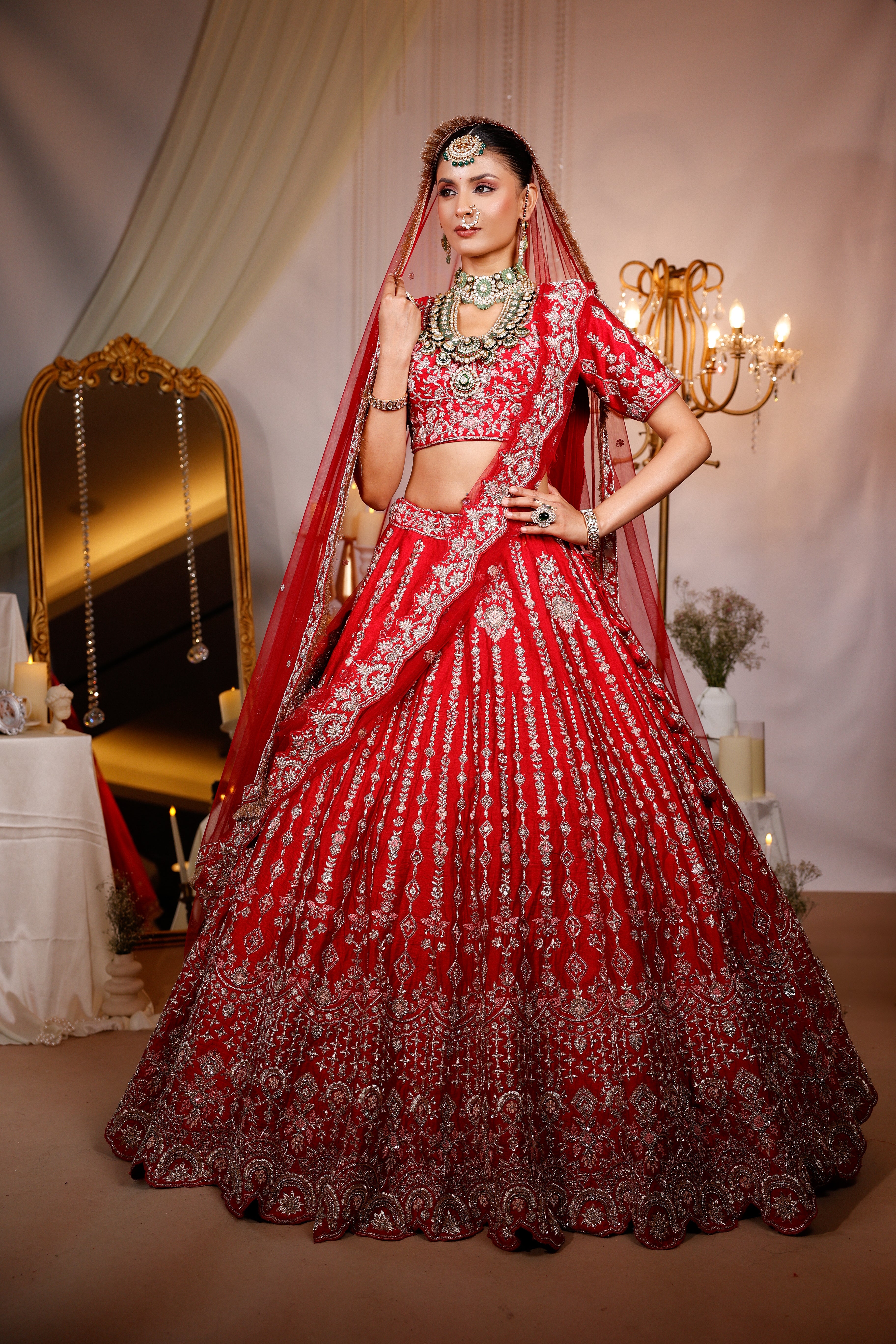 SCARLET RED RAW SILK LEHENGA