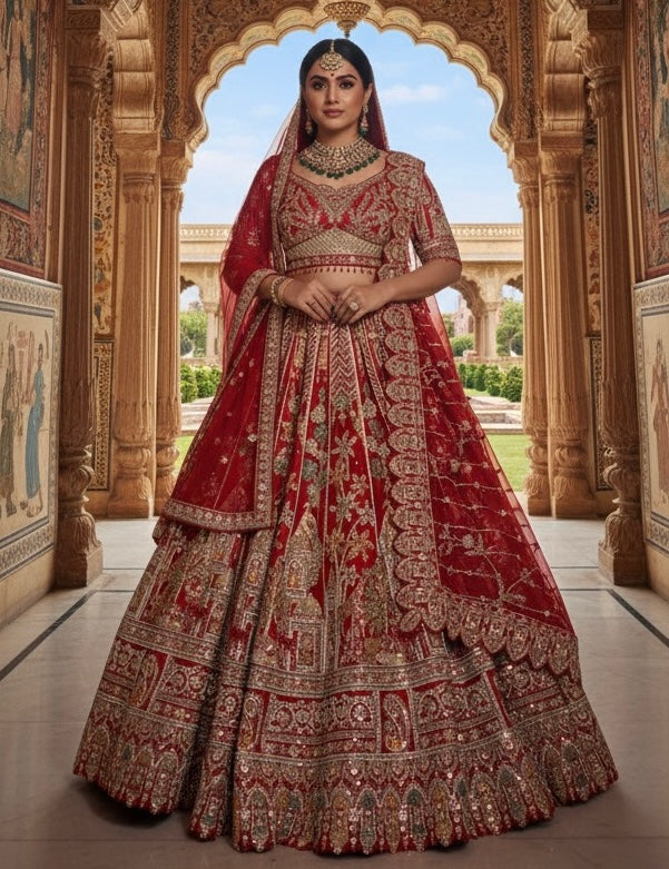 SCARLET RED RAW SILK LEHENGA