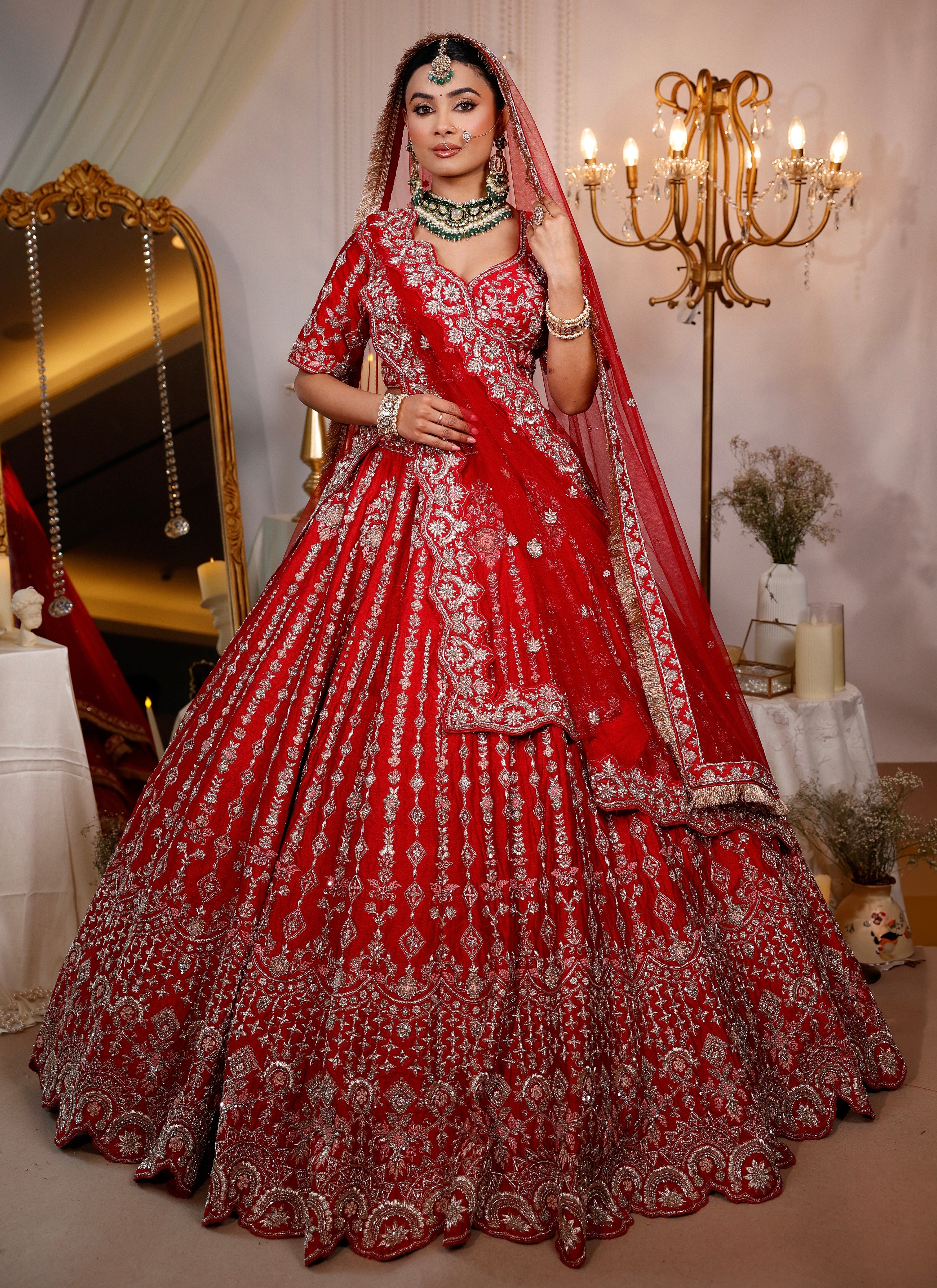 SCARLET RED RAW SILK LEHENGA
