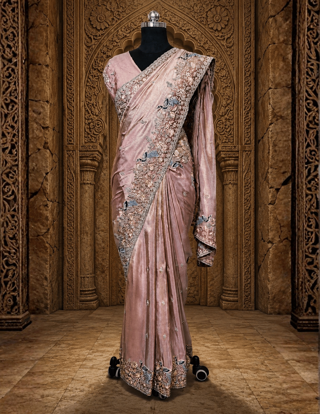 Full-length front view of a model showcasing a shimmering lavender tissue saree with intricate floral zari borders under a crystal chandelier.