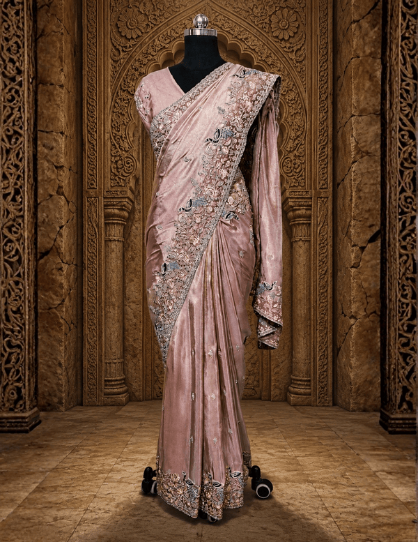Full-length front view of a model showcasing a shimmering lavender tissue saree with intricate floral zari borders under a crystal chandelier.