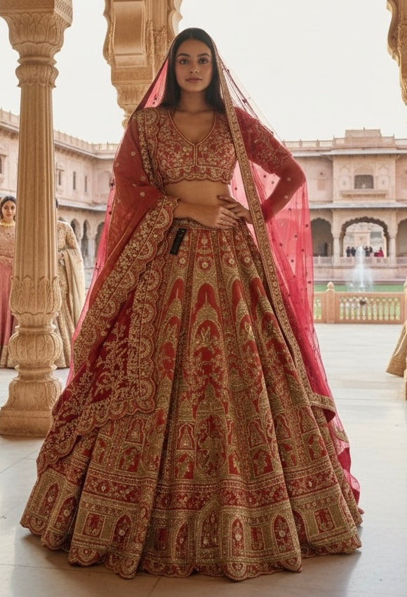RED ORANGE TISSUE EMBROIDERED LEHENGA