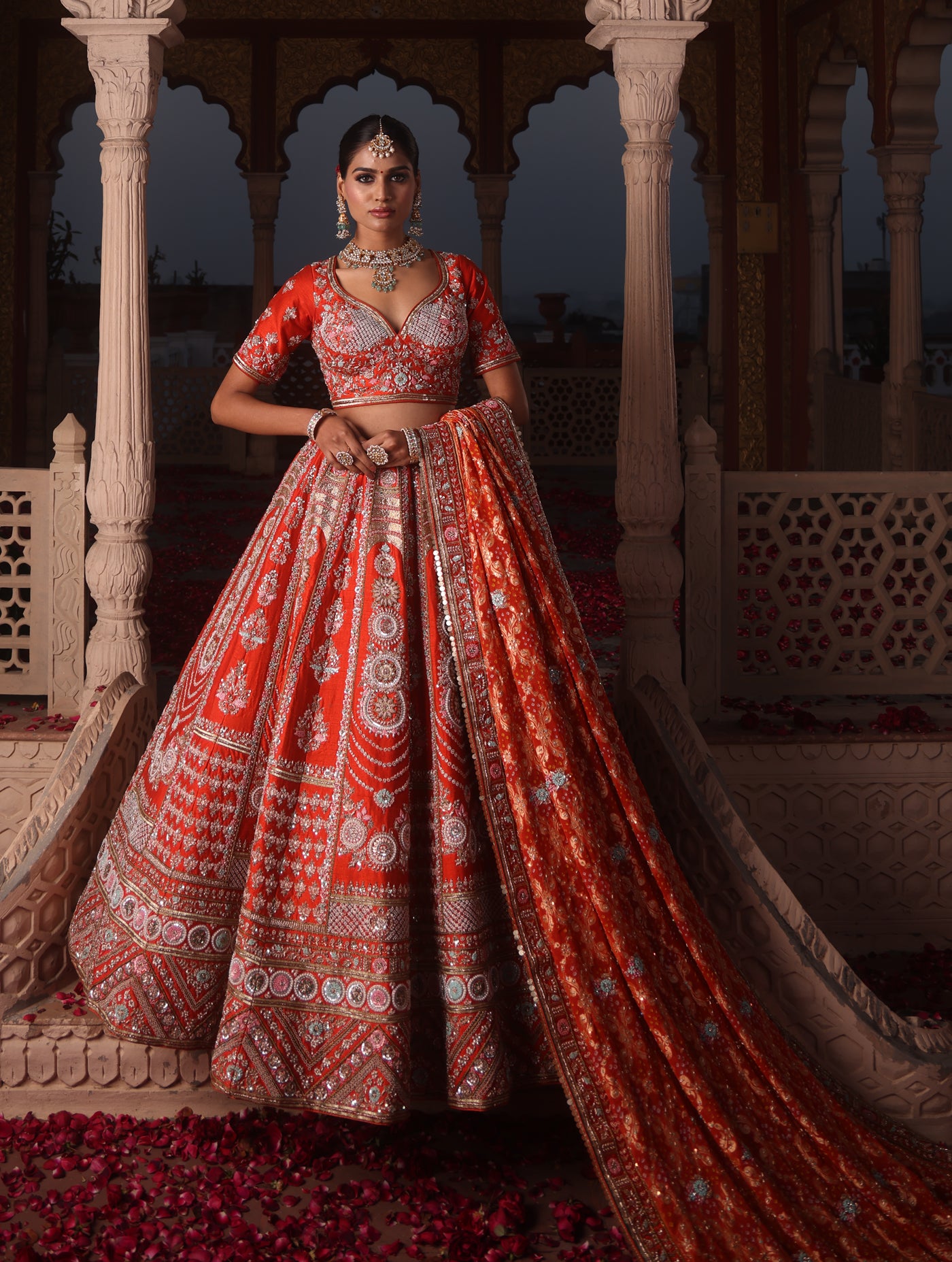 TANGERINE ORANGE RAW SILK LEHENGA