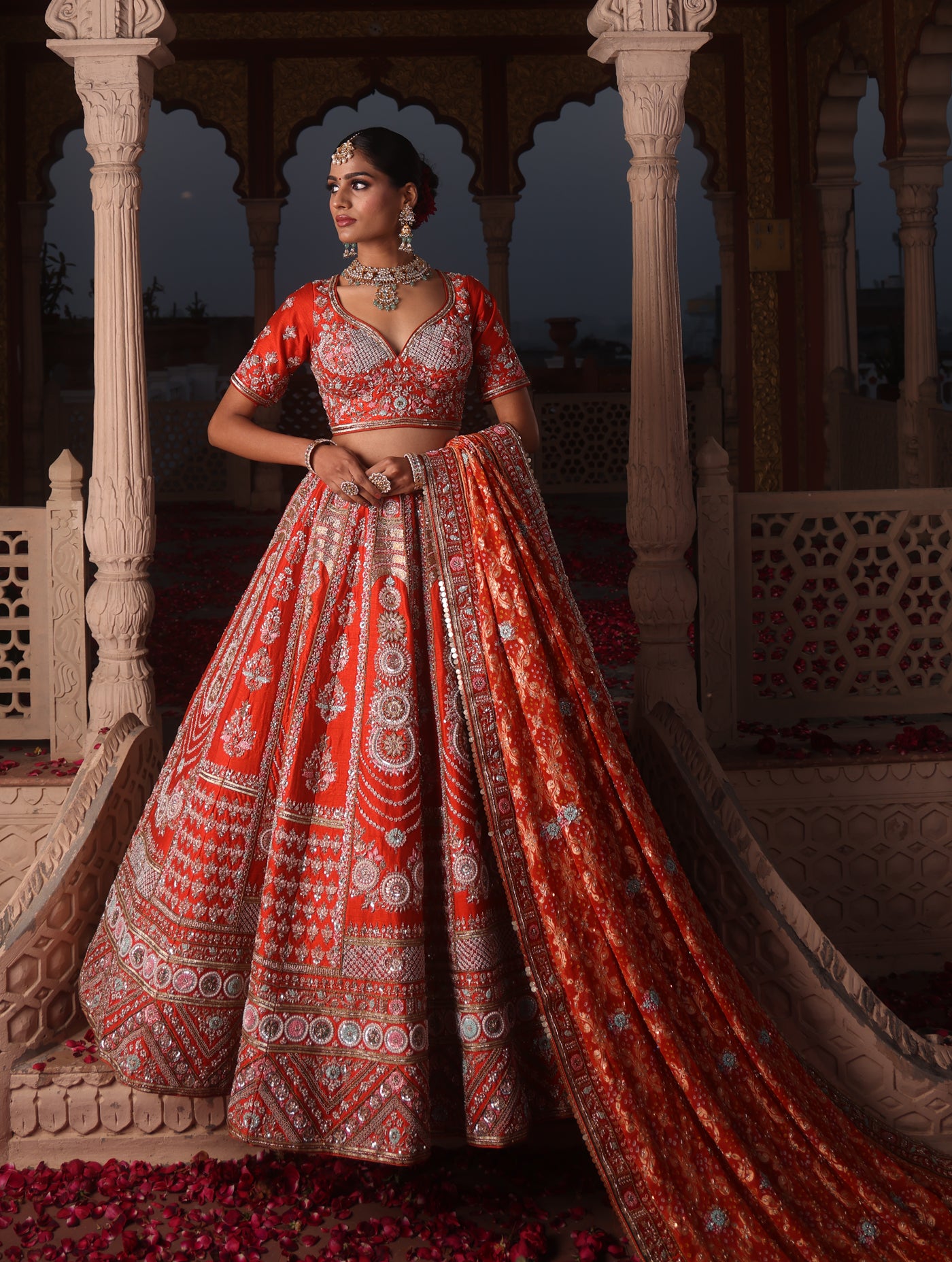 TANGERINE ORANGE RAW SILK LEHENGA