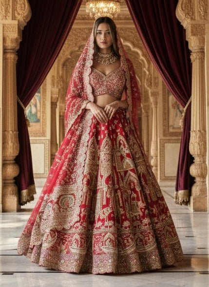 SCARLET RED RAW SILK LEHENGA