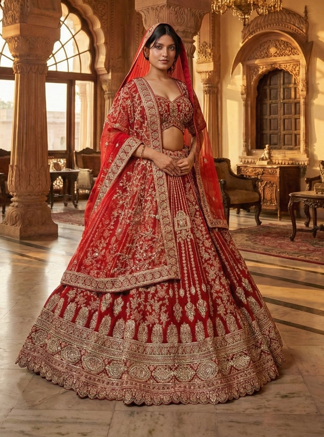 SCARLET RED RAW SILK LEHENGA