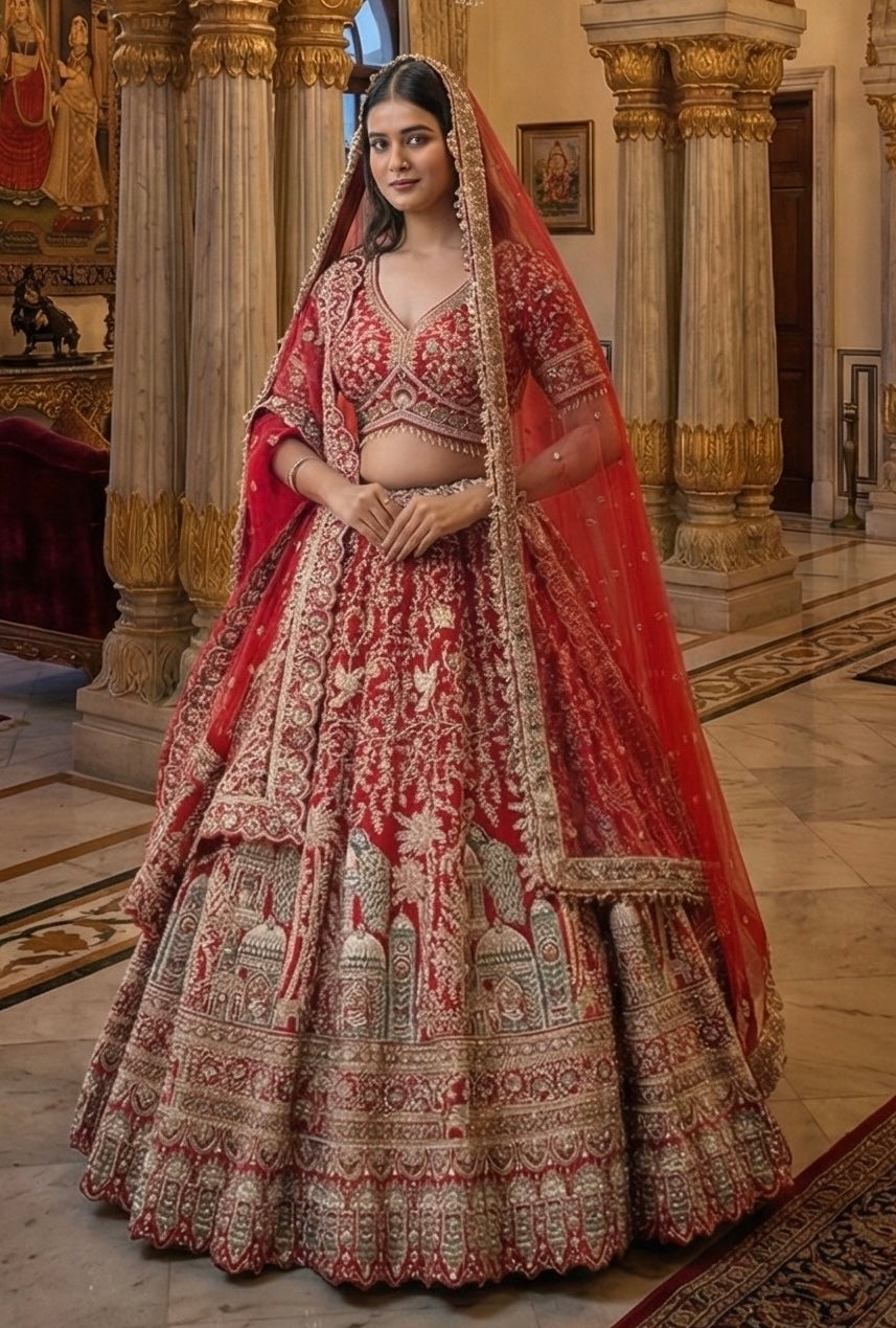 SCARLET RED RAW SILK LEHENGA