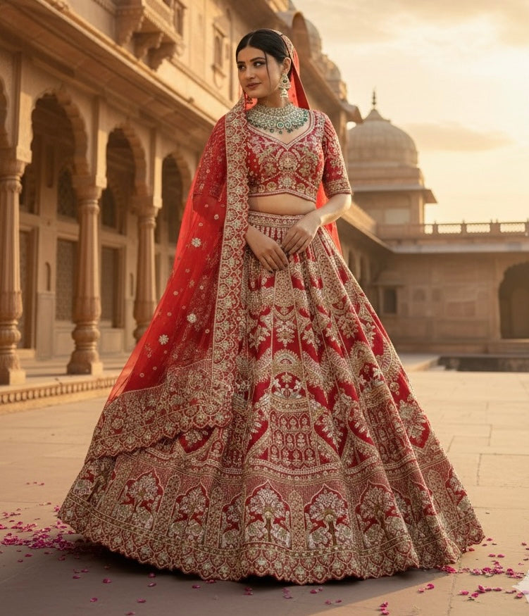 SCARLET RED RAW SILK LEHENGA