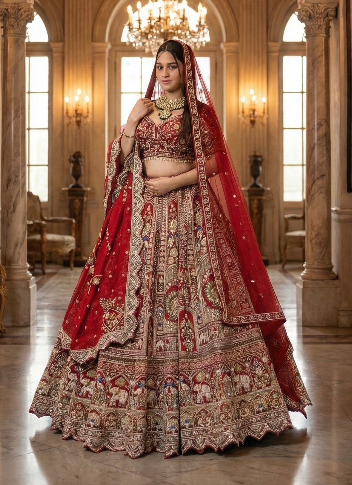CHERRY RED RAW SILK LEHENGA