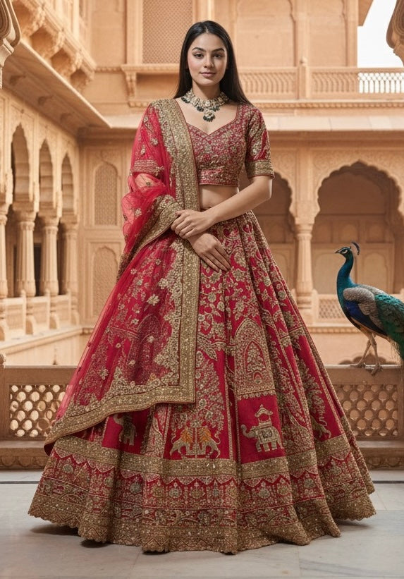 SCARLET RED RAW SILK LEHENGA