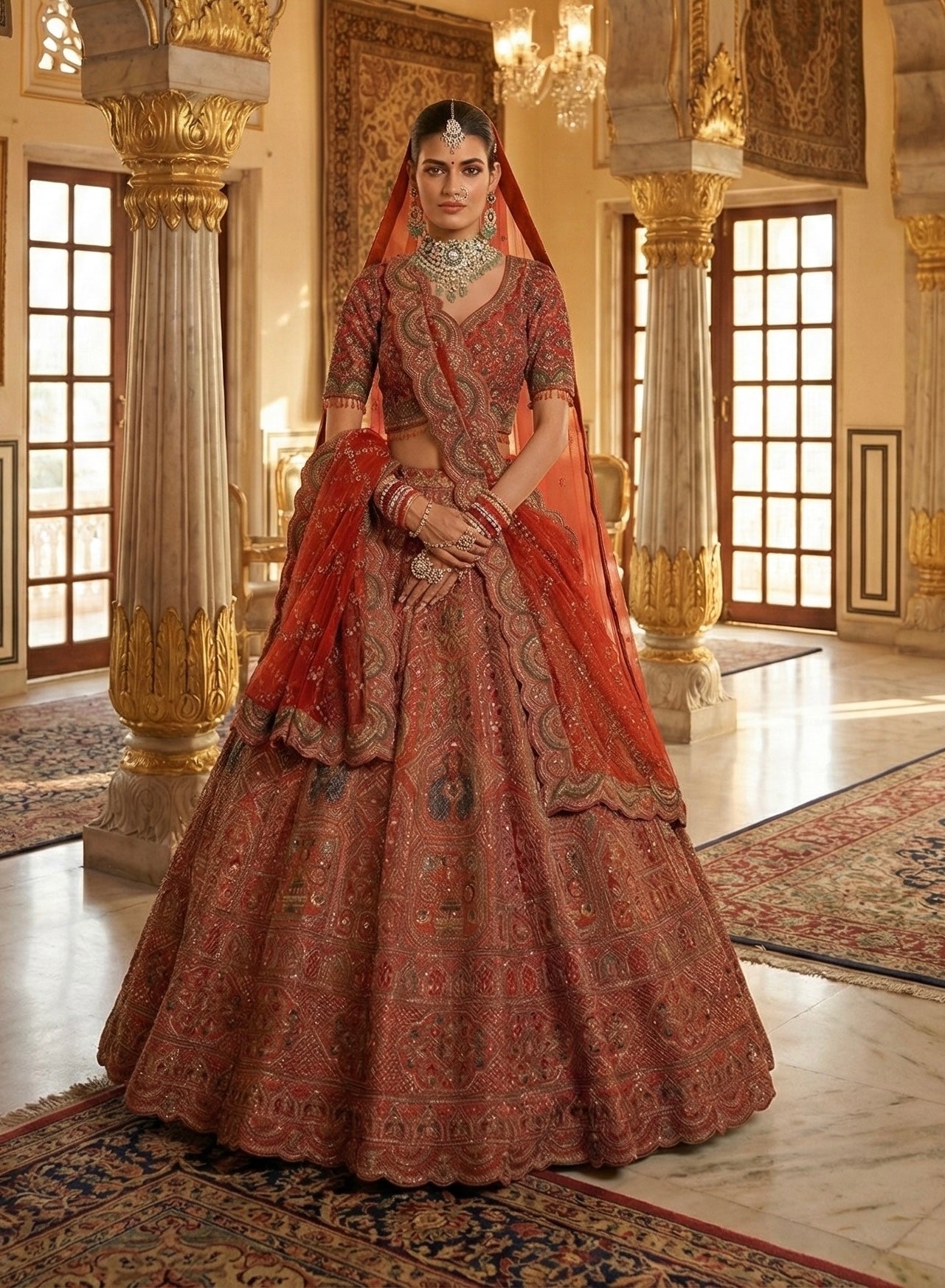 RUST TISSUE EMBROIDERED LEHENGA